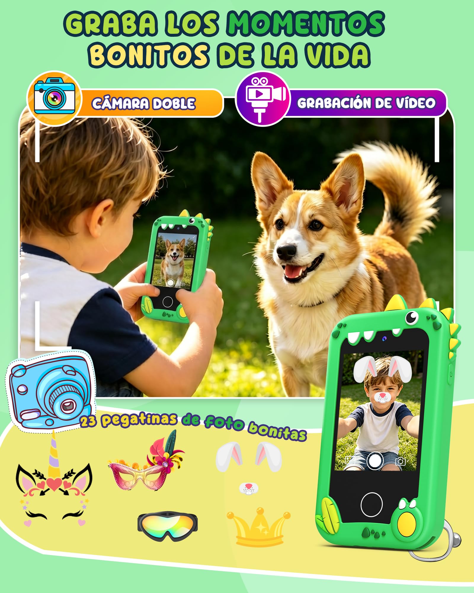 UCIDCI Teléfono inteligente de dinosaurio para niños de 3 a 8 años, teléfono de aprendizaje con pantalla táctil de 2.8 pulgadas con 25 aplicaciones de cámaras duales, tarjeta SD de 8 GB, reproductor