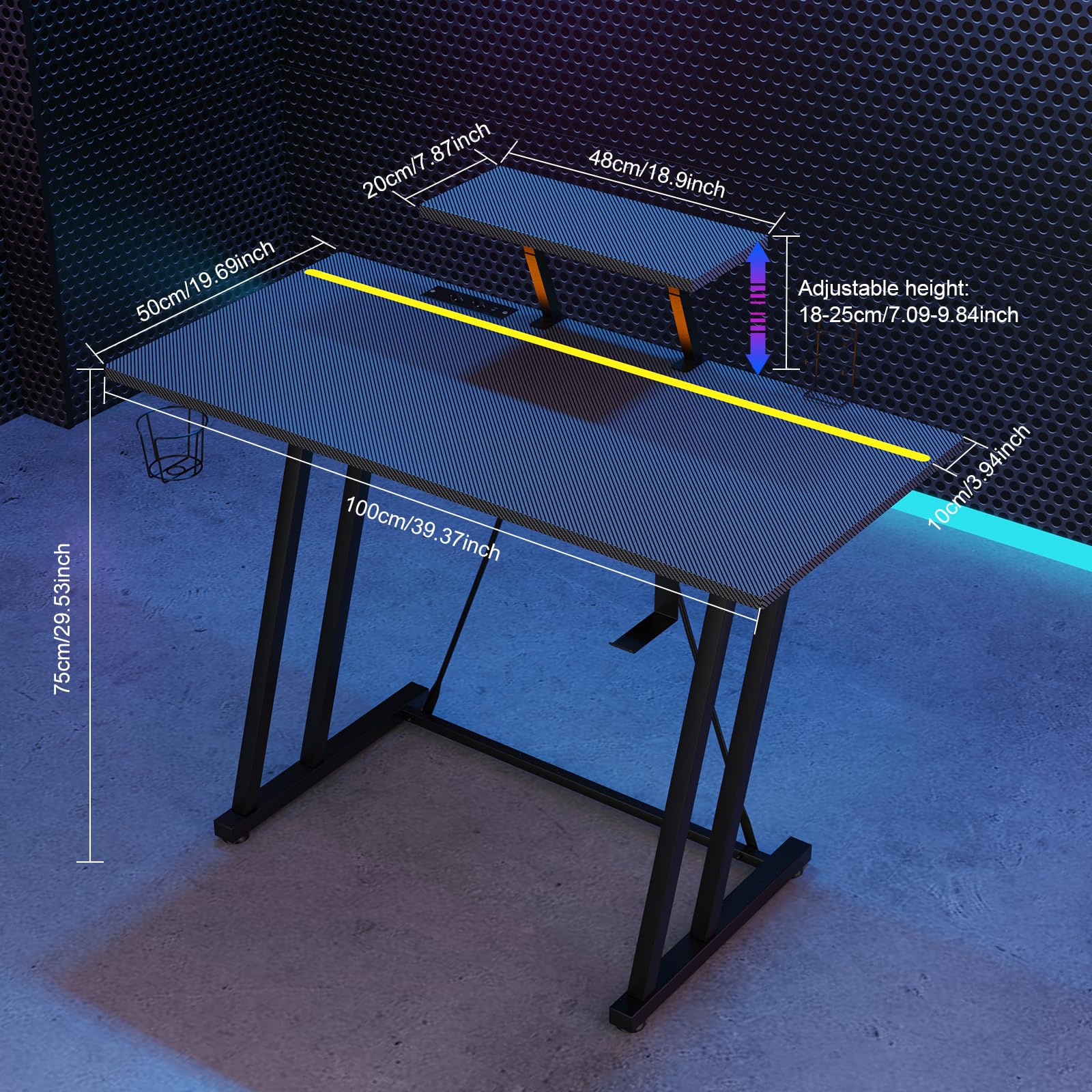 Bureau Gaming LED, Table Gaming avec Prise Electrique, 2 Prises CA, 2 Ports USB, Table Gamer Ergonomique, avec Support de Moniteur