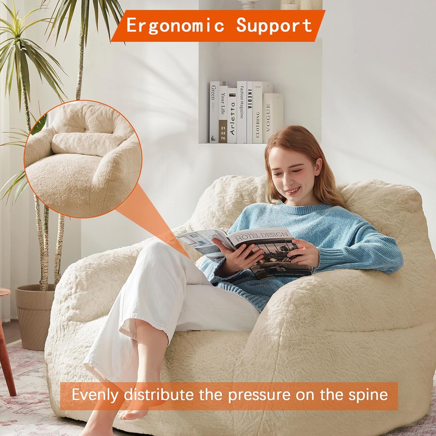 Bean Bag Chair for Adults with Pillow,Oversized Bean Bag Couch for Adults and Kids,Giant Lazy Couch Sofa Chairs with Filler,Large Reading Chair for Living Room Bedroom,Apricot