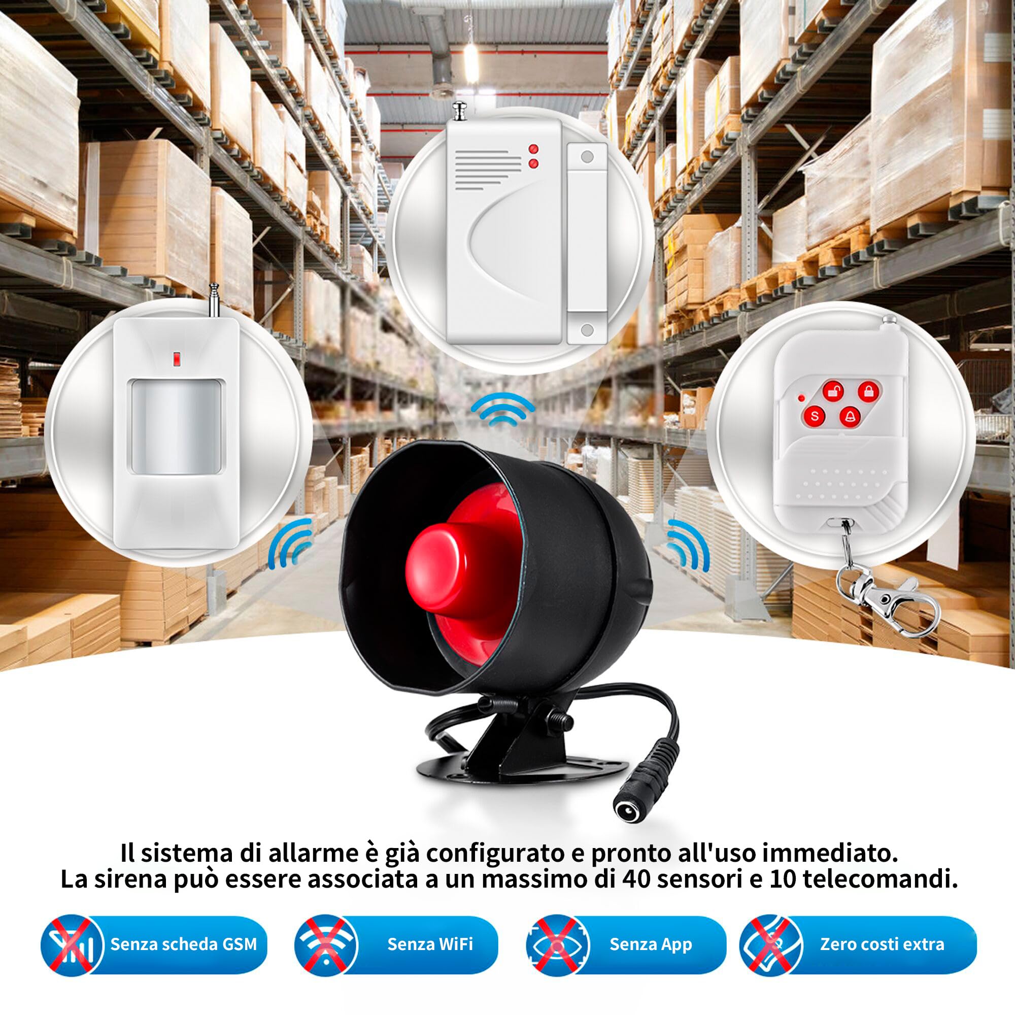 TOWODE Sistema di Allarme Domestico Wireless Kit Antifurto Sistema di Allarme di Sicurezza con Sirena 115dB, Sensore di Allarme Porta, Sensore di Movimento e Telecomando