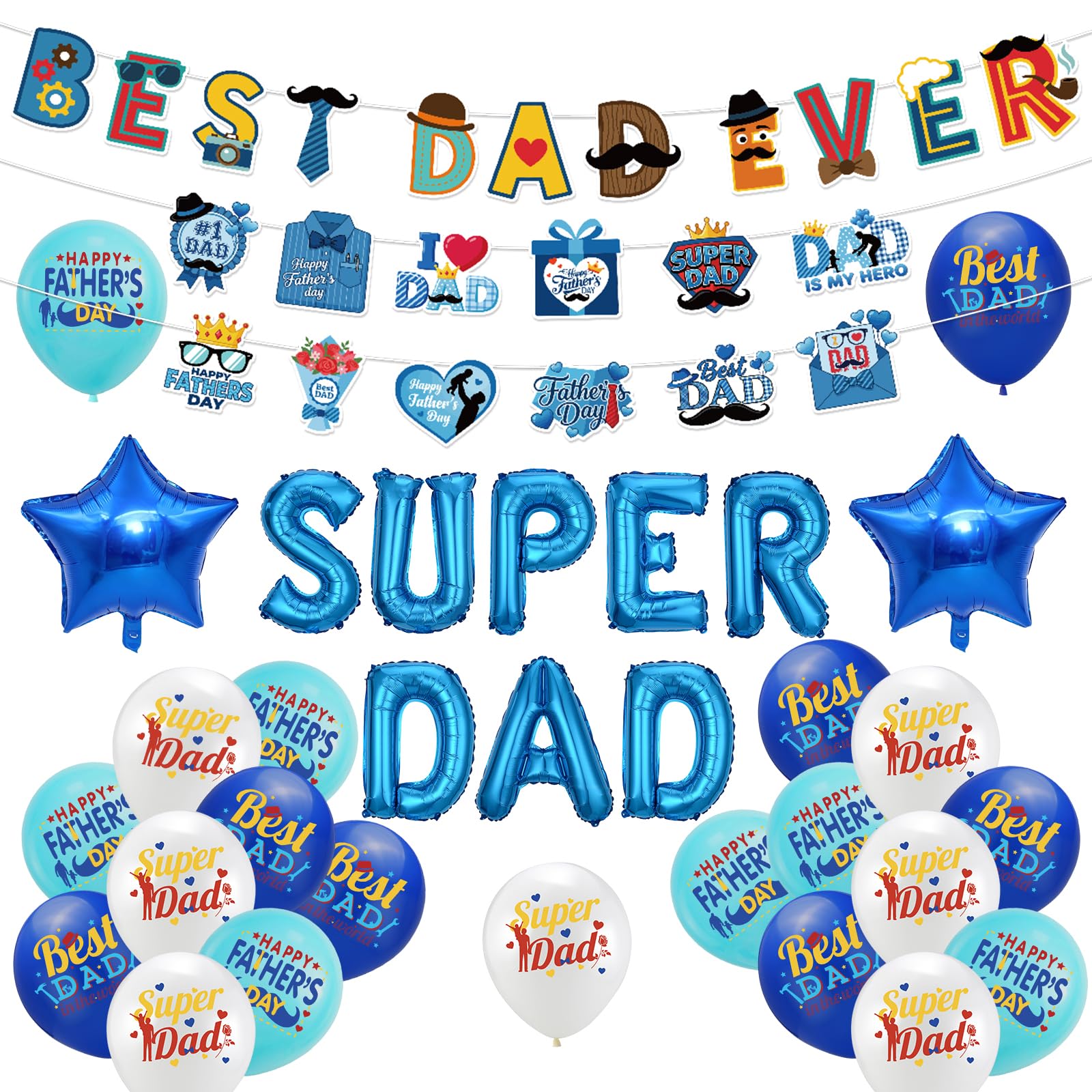 Luvart Fathers Day Party Decorations - Super Dad Balloon, Pre-Strung Banners, 2 Star Balloons 21 Printed Dad Balloons for Father's Day Celebrations