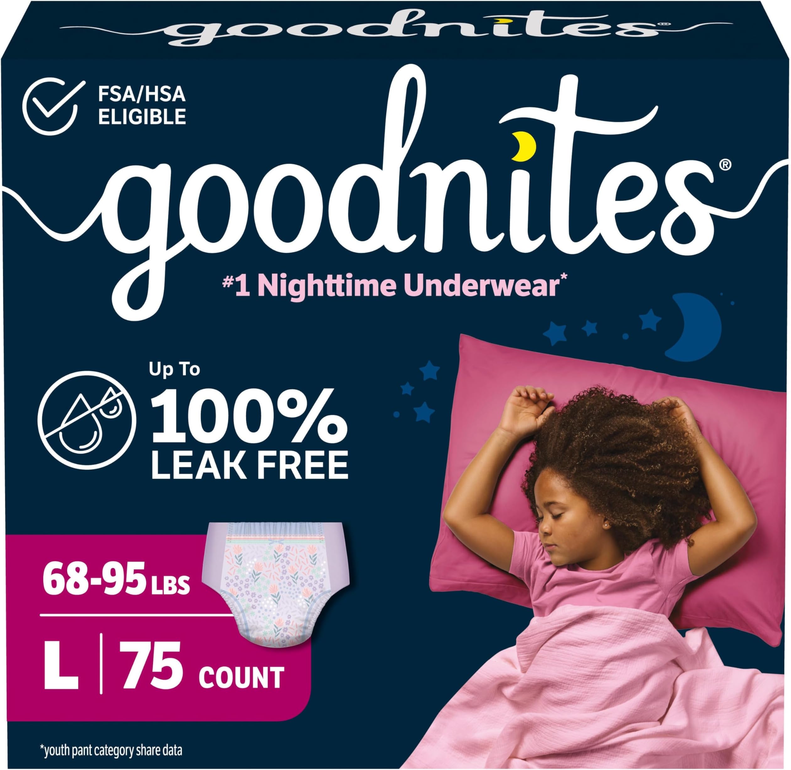 Nighttime Bedwetting Underwear, Girls' L (68-95 lb.), 75 Ct