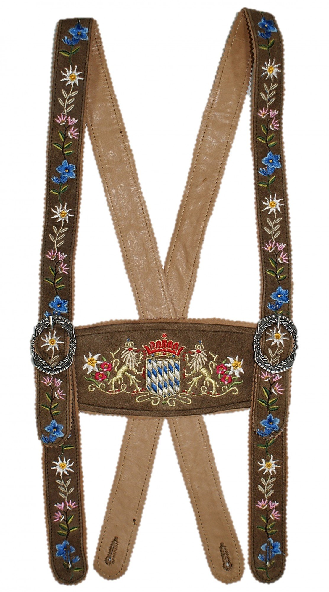 Trachten Mayr Hosenträger Bayernträger Lederhose Werdenfelser-Träger bestickt echt Leder Bayern-Wappen Edelweiß erstklassiges Wildbockleder braun dunkelbraun schwarz Lederhosenträger