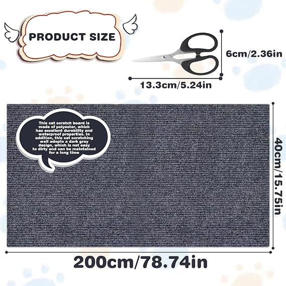 200 cm kedi tırmalama halısı, koyu gri, kedi tırmalama tahtası, çizilmeye karşı koruma, kanepe, kedi tırmalama matı, kendinden yapışkanlı, kedi kedi korumalı, kanepe, sandalye, zemin ve diğer
