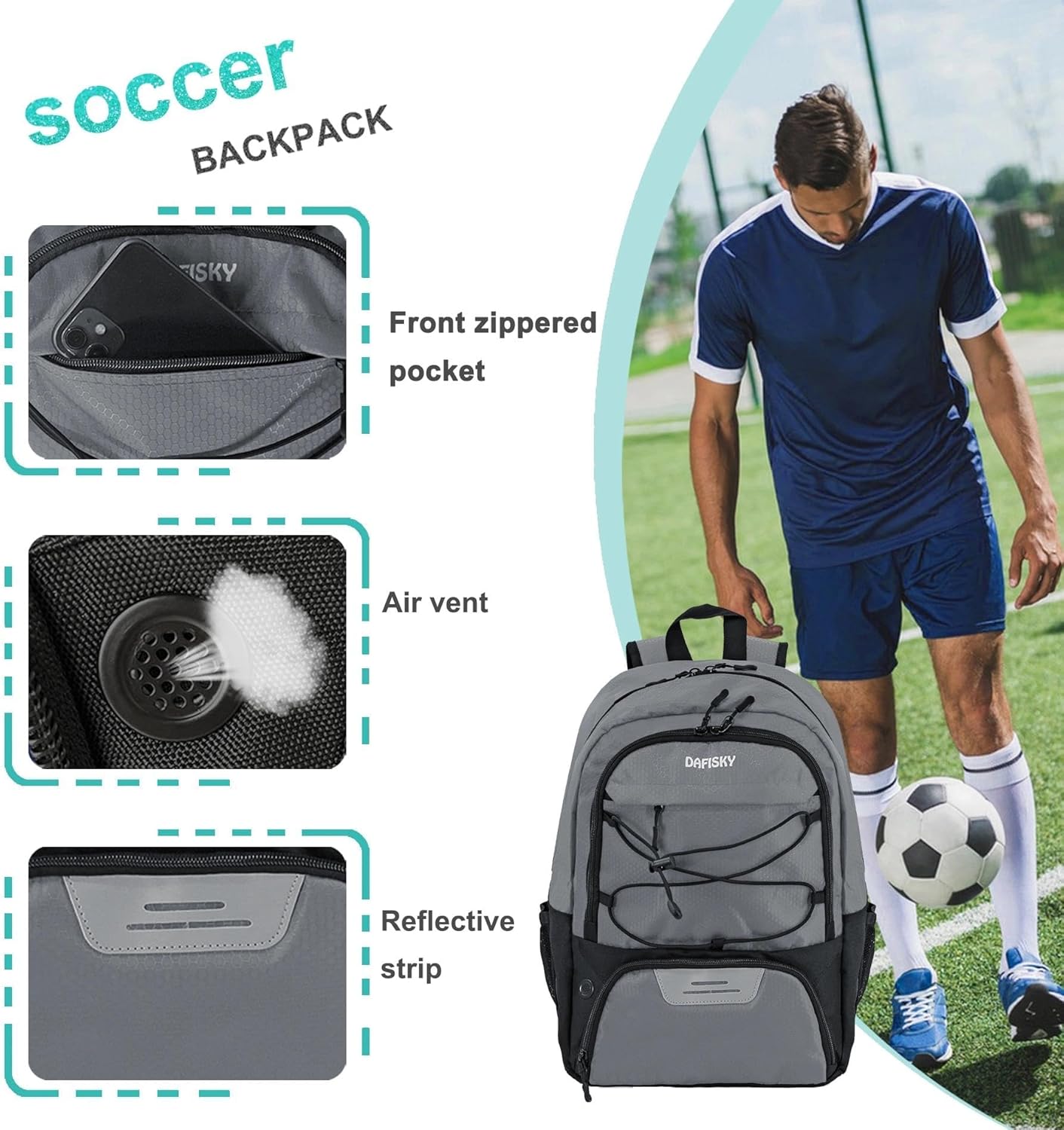 DAFISKY Soccer Backpack, Soccer Bags with Ball Holder & Shoes Compartment, Water Resistant Backpack for Basketball Volleyball Football