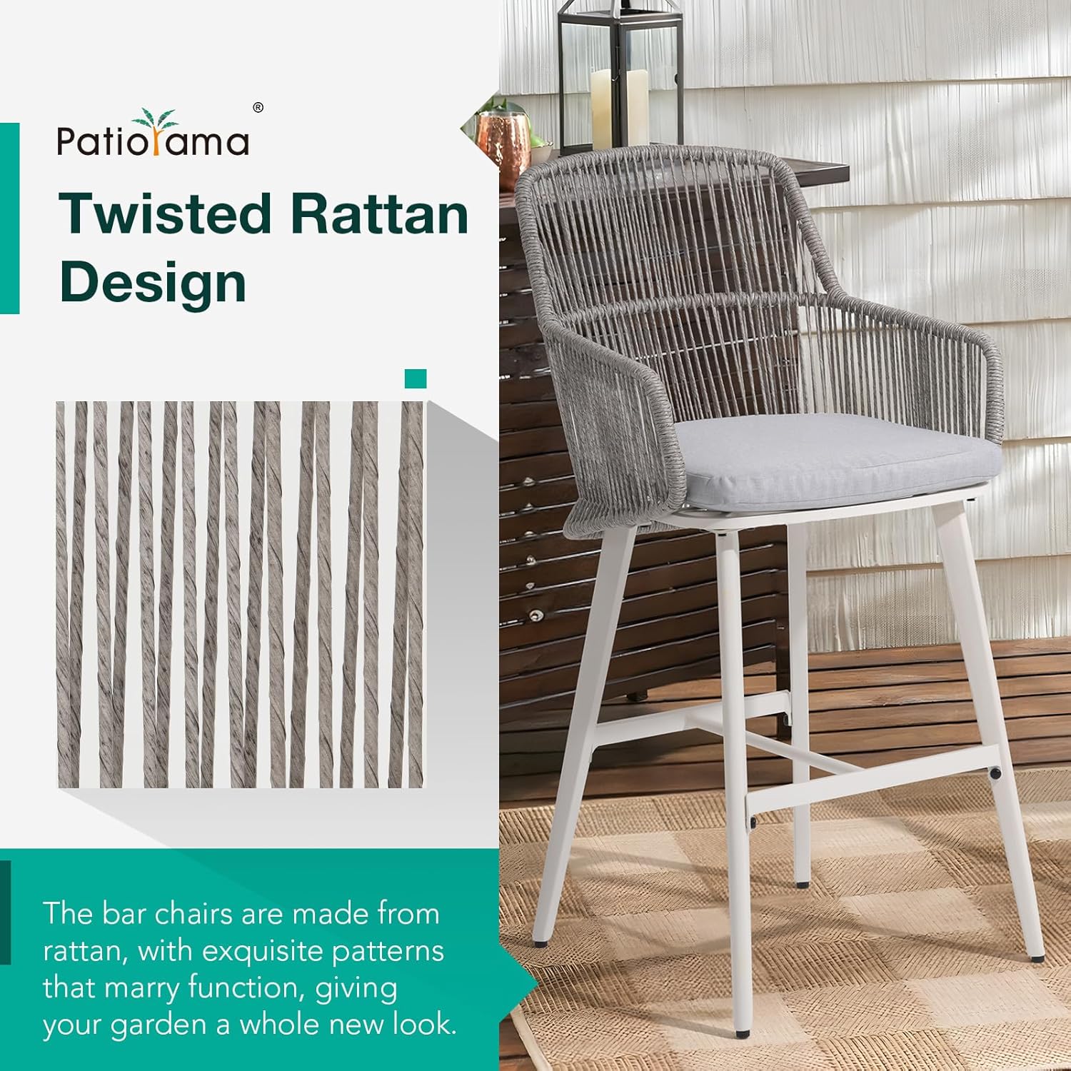 Patiorama Outdoor Bar Stools Set of 4, 46" Counter Height Bar Stools Chair w/Woven Rope Back and Arm, Patio Metal Modern Wicker Bar Chairs, Rattan Bar Stool for Kitchen Island,Pool, Indoor,Light Grey