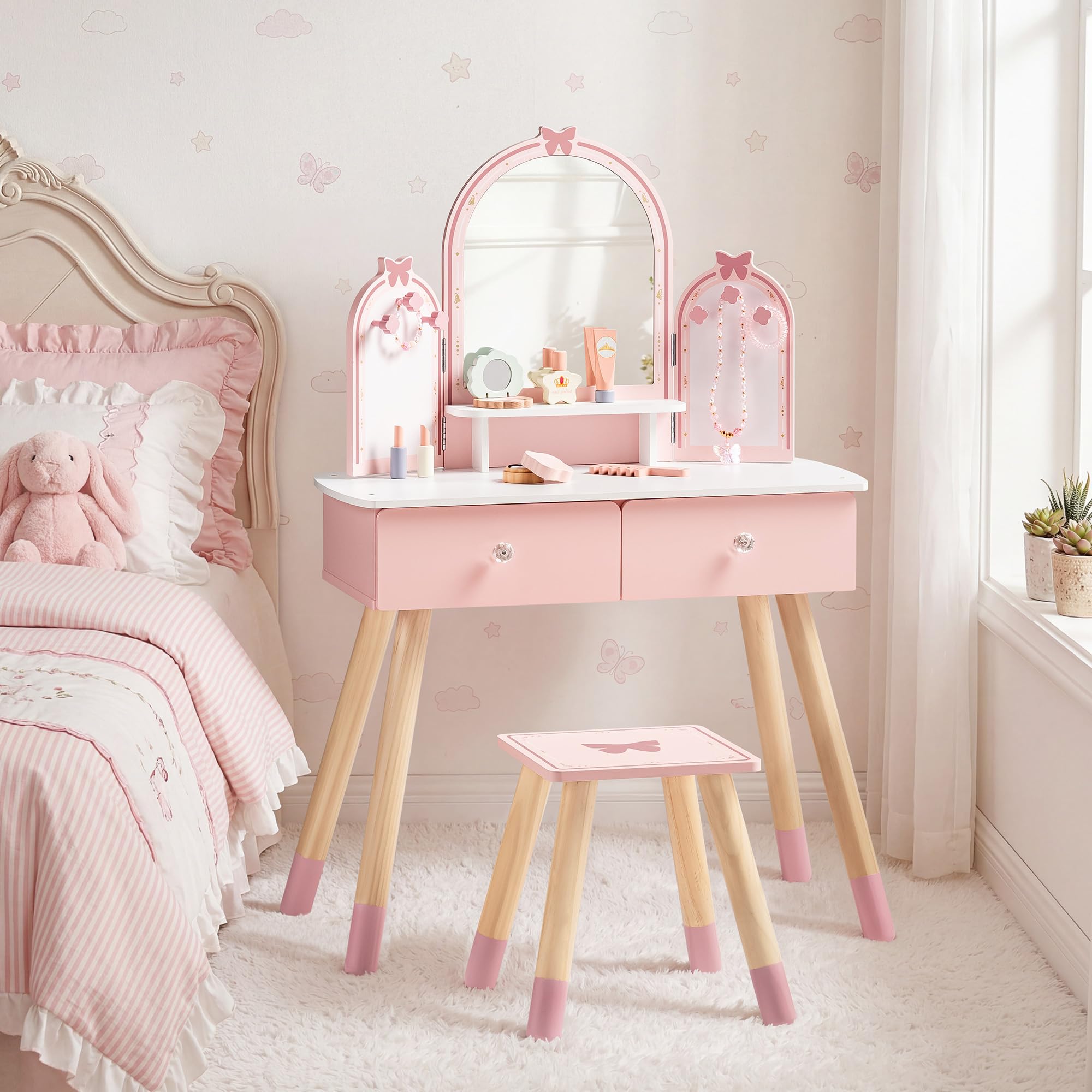 ROBUD Kinder Schminktisch mit Hocker: Mädchen kinderschminktisch mit Spiegel, Rollenspiel Schminktisch für Kinder, Frisiertisch mit Schublade und Zubehör für Kinderschminke, ab 3 Jahren (Rosa)