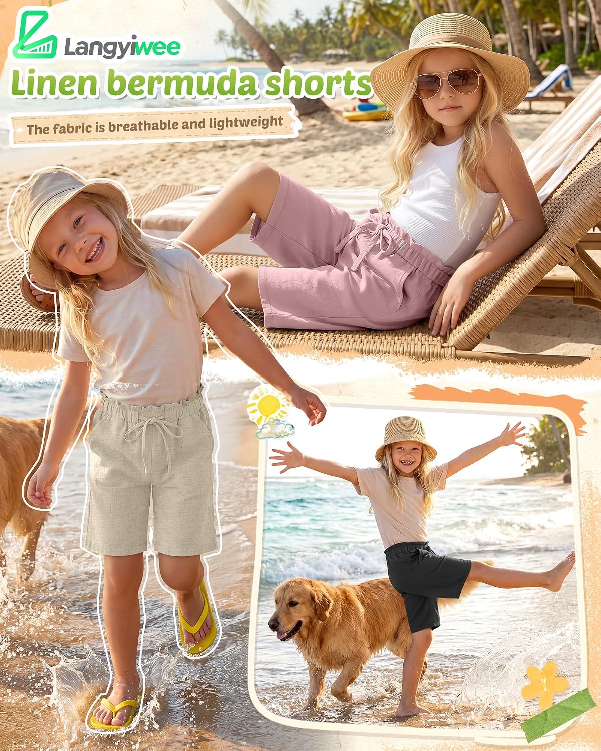 3 Pack Girls Linen Bermuda Shorts 5-14Y Pull On Knee Length Kids Drawstring Loose Ruffle Summer Pants with Pockets