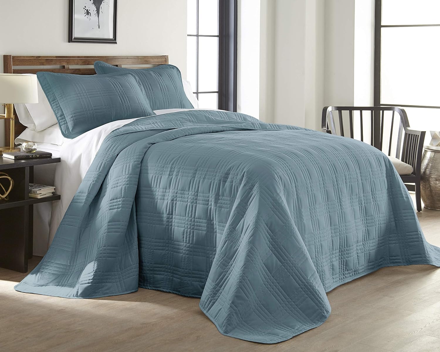 Chezmoi Collection Kingston 3-Piece Oversized Bedspread Coverlet Set (Queen, Blue)