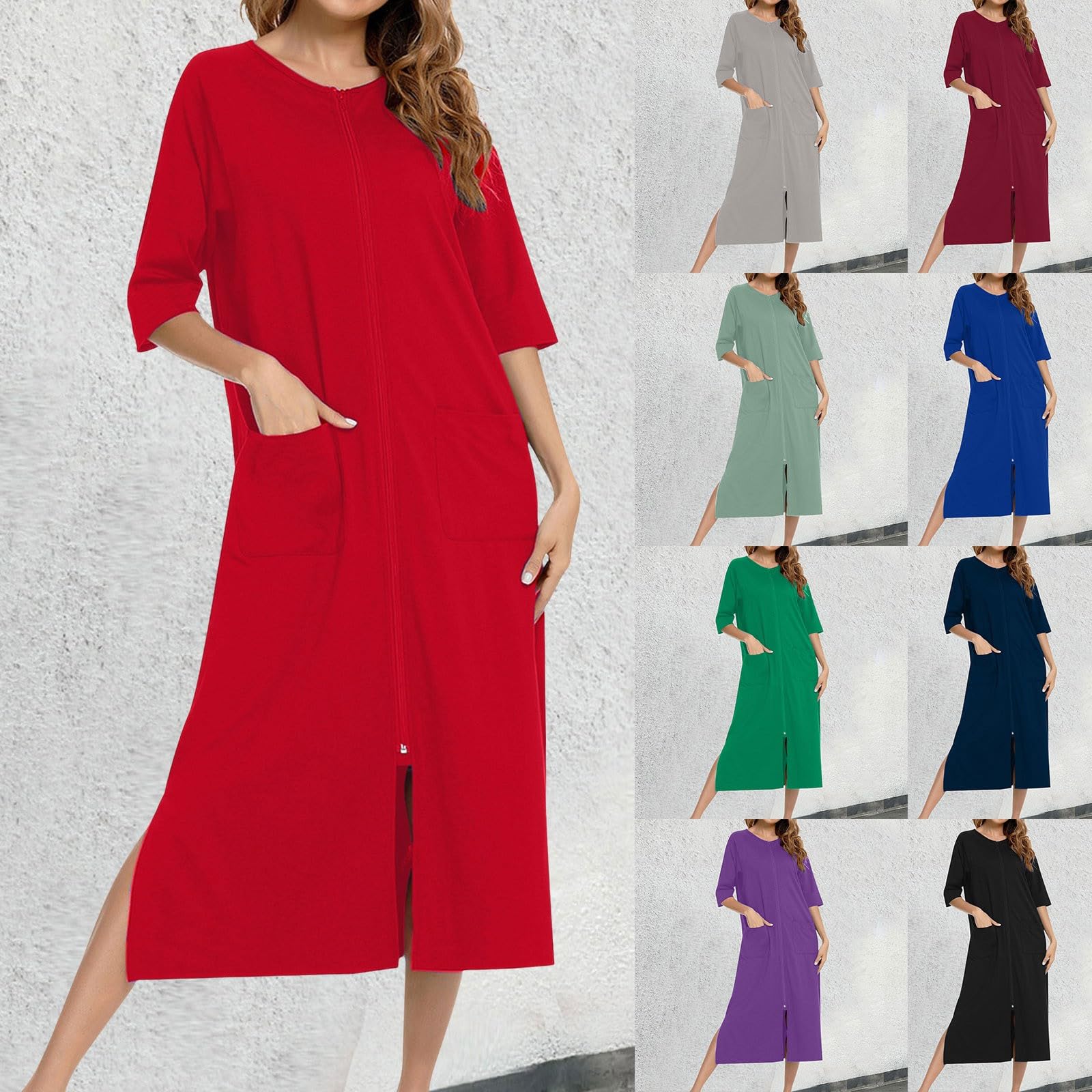 Umstandspyjama Damen Robe Stillpyjama Bequem Morgenmantel 3/4 Ärmel Umstands Nachthemd Hausmantel mit Taschen und Reißverschluss Locker Loungewear Bademantel Weicher Hausanzug