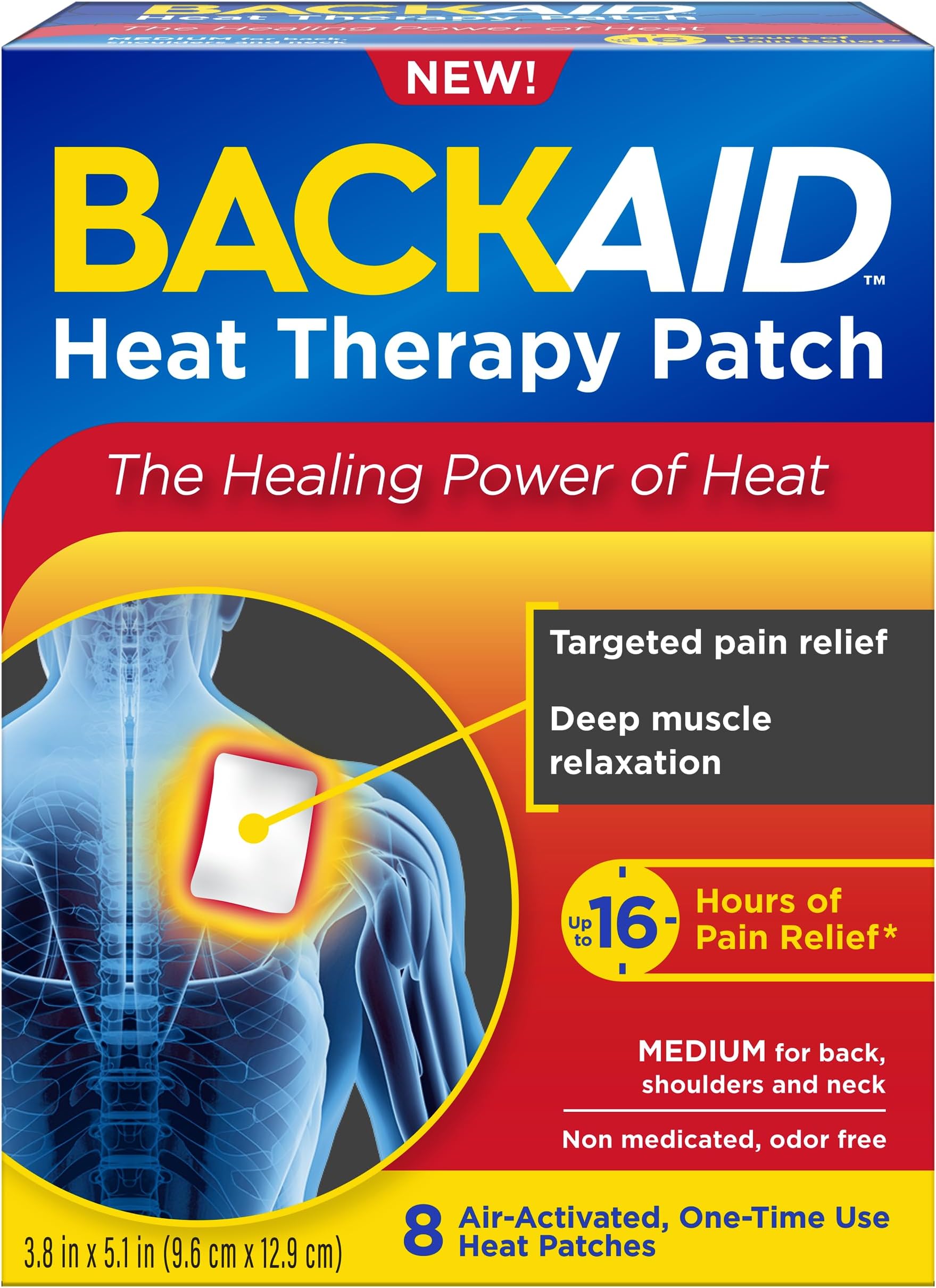 Backaid Heat Therapy Patch, Portable Heating Pad, Medium for Back, Shoulders, and Neck Pain Relief, 8 Count, White
