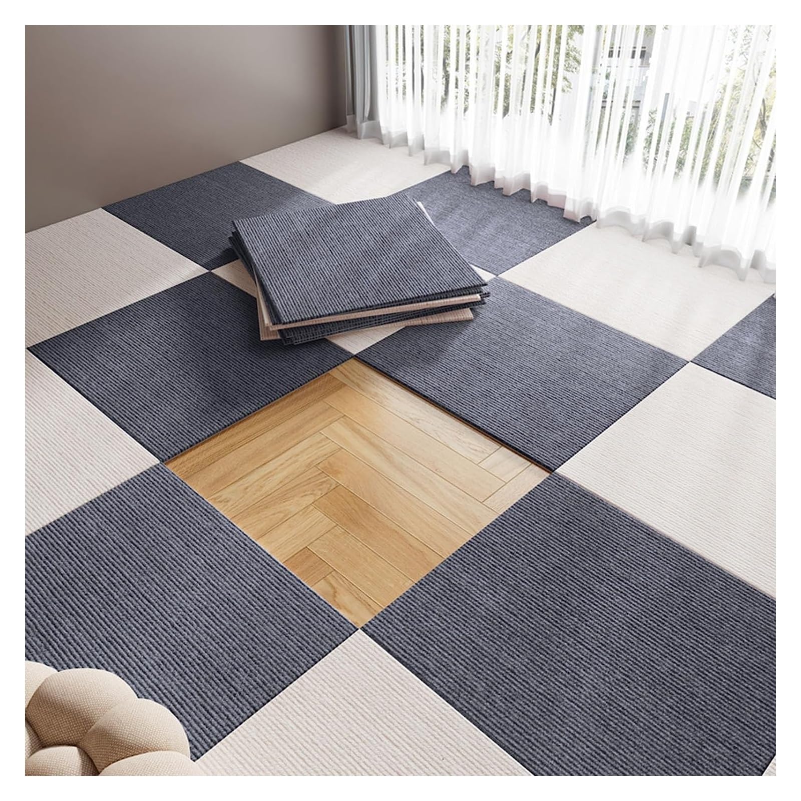 ZXDGsdrdtW Self-adhesive carpets, Carpet Tiles Floor Tile Washable Seamless Splicing Soft Padded(Rice White+grey)