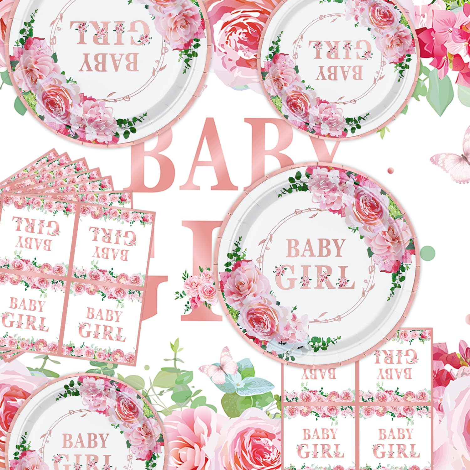 123 Pack Floral Sweet Babygirl Party Supplies Baby in Bloom Birthday Party Deco Set Baby Shower Deco for Girl Party Supplies Include Plates, Napkins, Birthday Banner, Tablecloth for 40 Guests