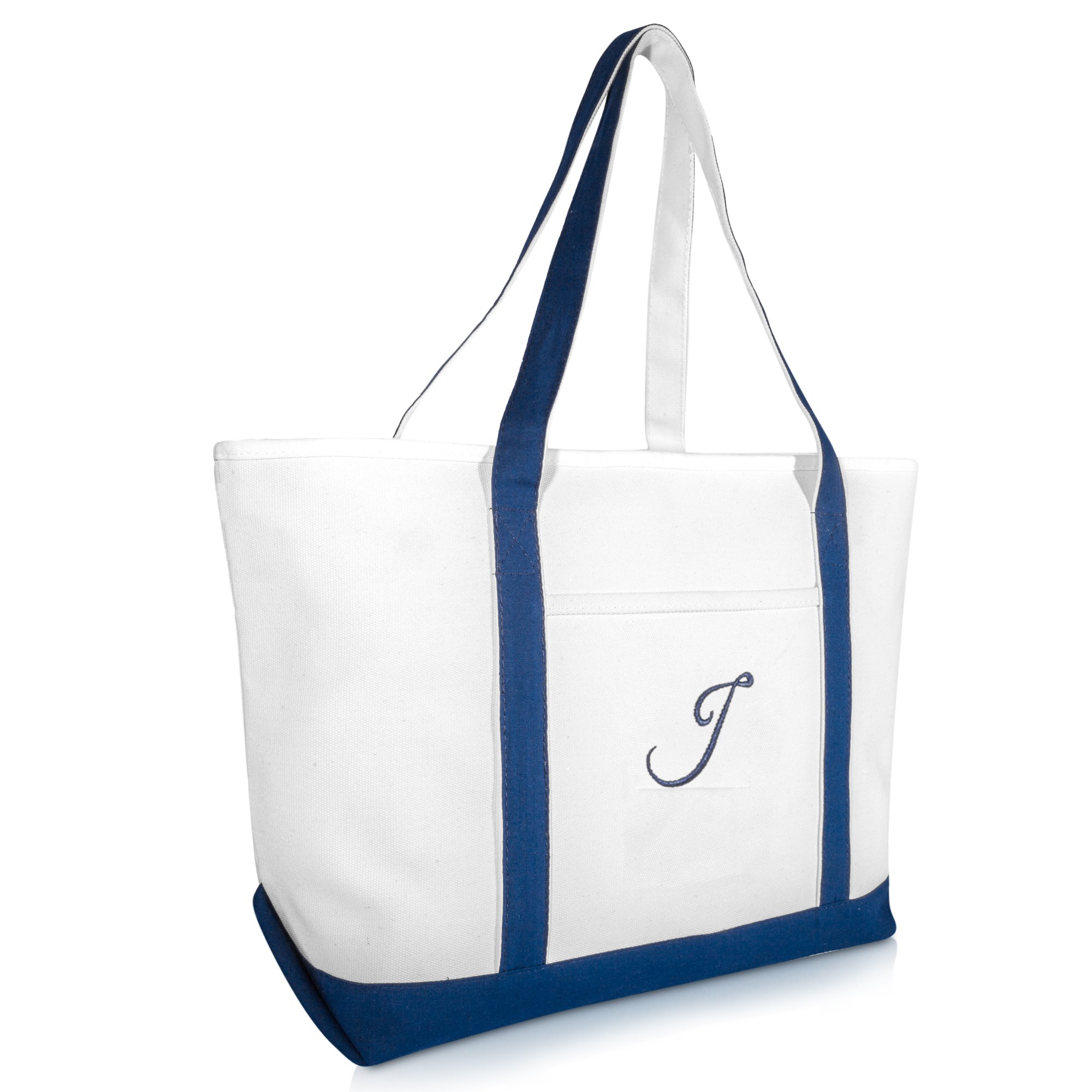 DALIX Quality Canvas Tote Bags Large Beach Bags Navy Blue Monogrammed A - Z