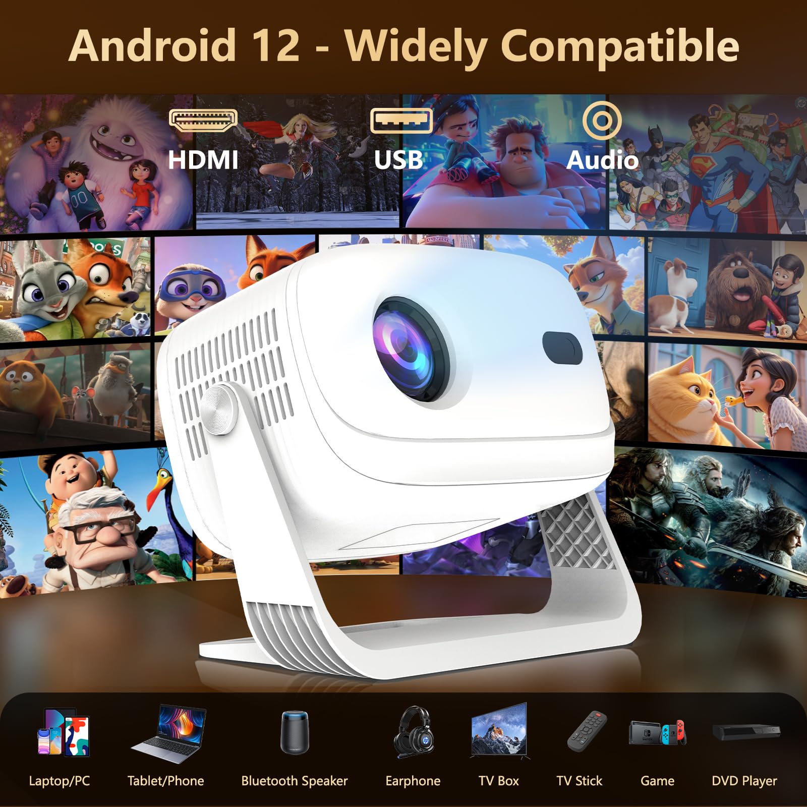 Proiettore Smart 4K, messa a fuoco automatica e Keystone, Azeyou 600 ANSI Full HD 1080P proiettore per camera da letto, Home Cinema WiFi 6 Bluetooth