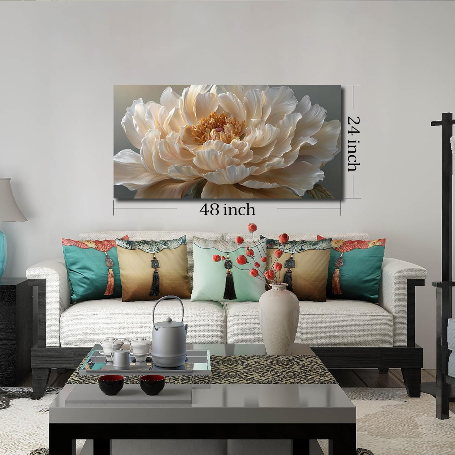 Ouzzlie Large Floral Canvas Wall Decor for Bedroom Living Room Office Light Yellow Wall Art Flower Picture Art White Peony Modern Artwork Posters 24"x48"