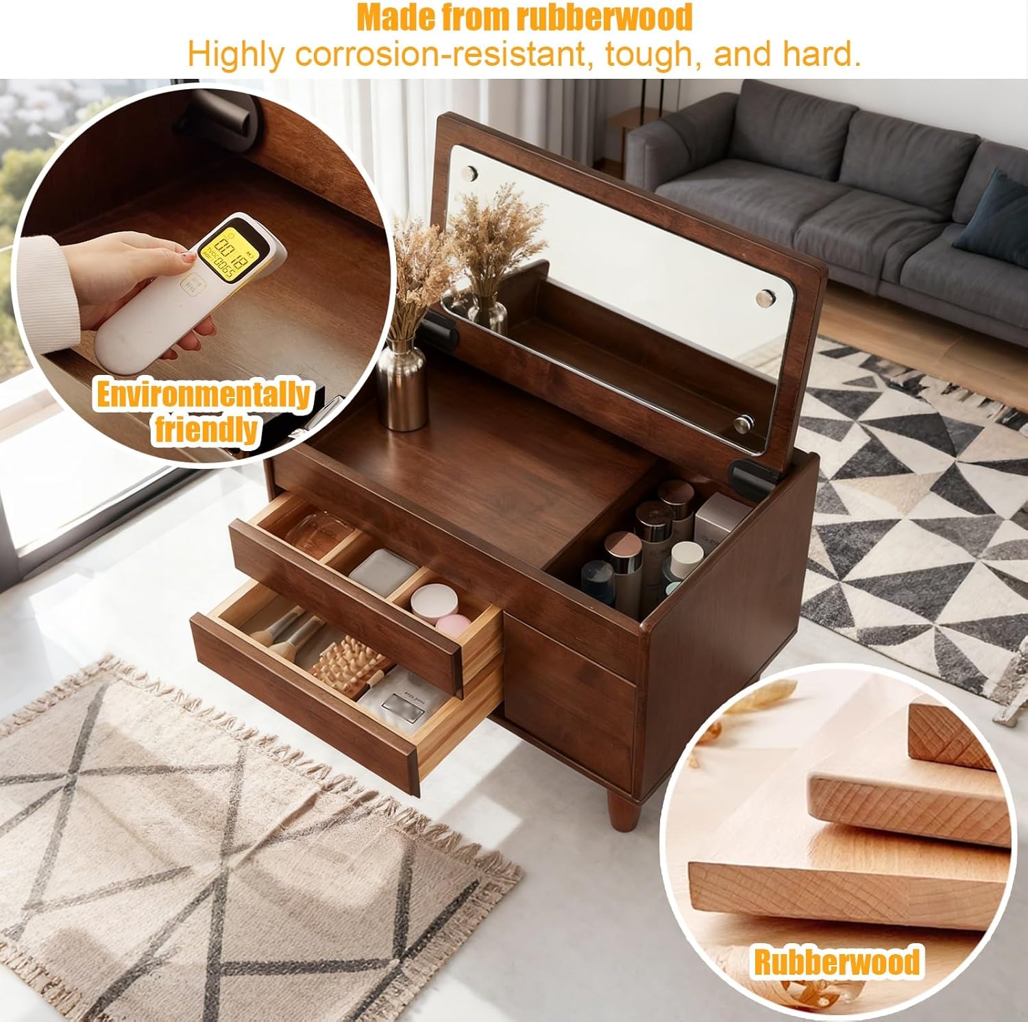 Vanity Mirror with Storage, Minimalist Flip Top Dressing Table, Wood Vanity Desk with 2 Drawers, 23.6" Tabletop Vanity for Dresser Top Small Bedroom, Living Room(Wood Color)