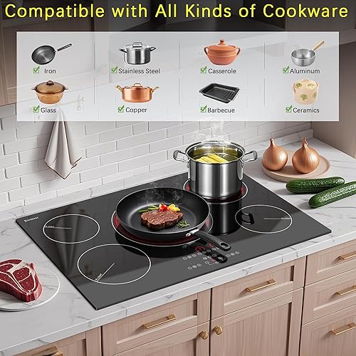 Miniatura 5 de Karinear - Placa de cocina eléctrica de 30 pulgadas, sensor táctil mejorado de 5 quemadores, estufa eléctrica de cerámica incorporada, pausa,