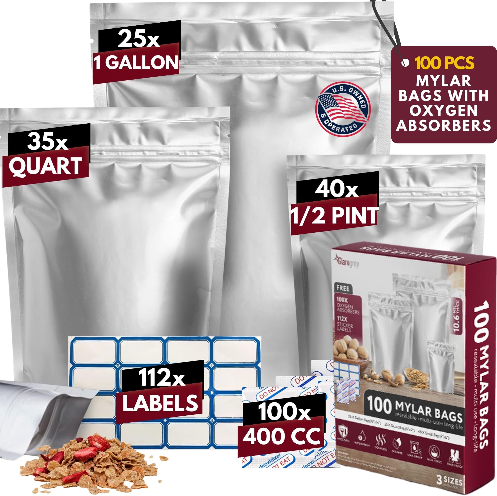 100 Pack Mylar Bags with Oxygen Absorbers - 11 MIL Thick 3 Sizes - 25x1 Gallon 35x1 Quart 40x1/2 Pint - Reusable Aluminum Foil Sealable Mylar Food Storage Bags & 112 Labels, Sealable Smell Proof