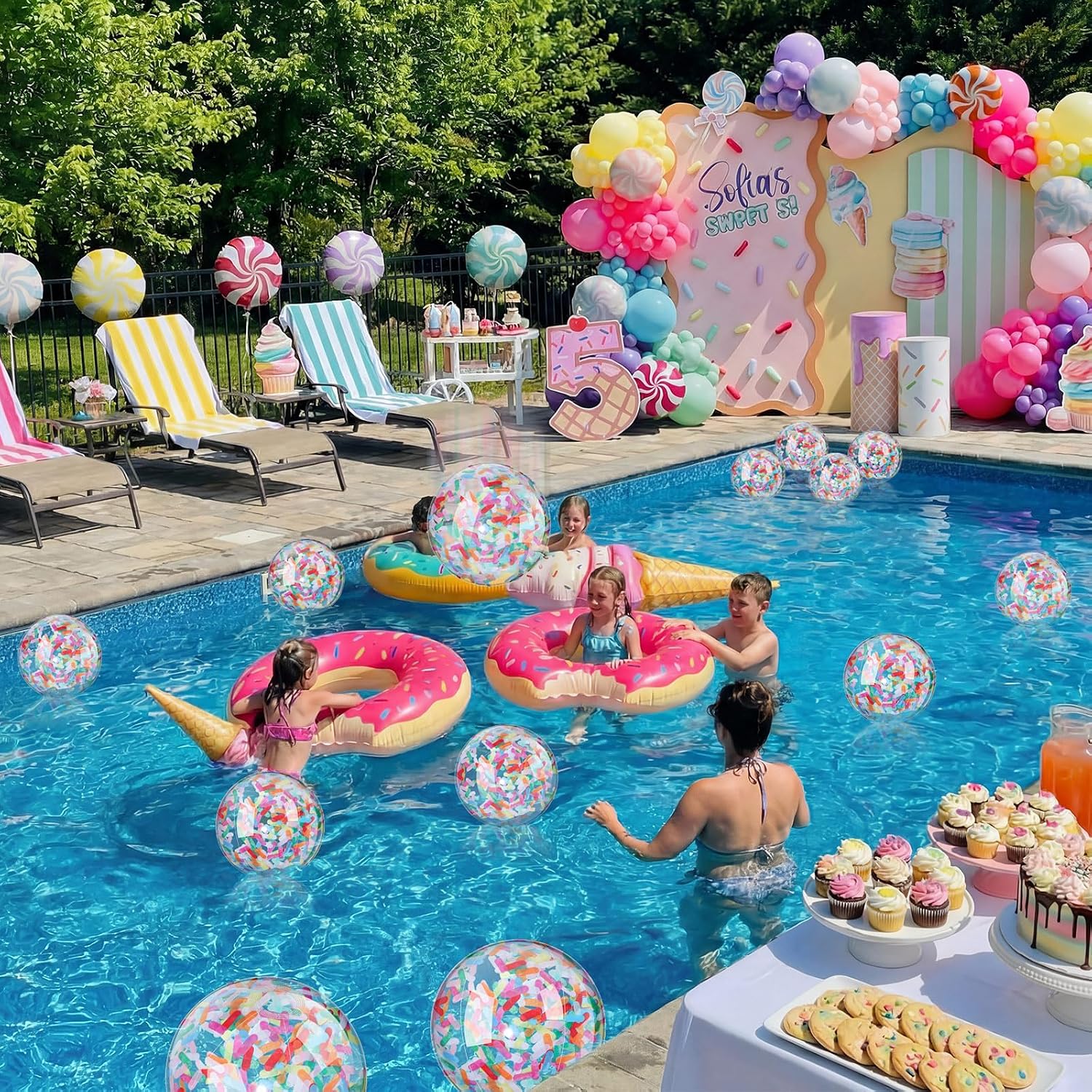 Yinder 24 Pieces Confetti Inflatable Pool Floating Balls for Birthday Donuts Theme Party Colorful Sequin Glitter Beach Pool Balls, Vinyl Floating for Summer Swimming Party, 6 Inch