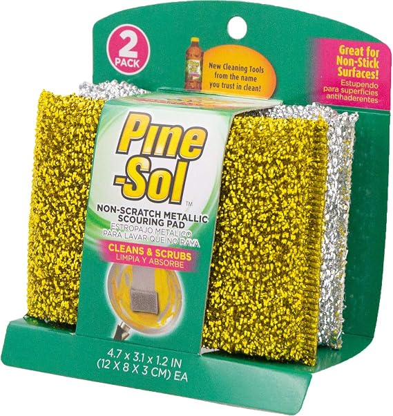 Pine-Sol Non-Scratch Scouring Pads Pack of 2, Metallic Household Cleaning Scrubbers, Safe with Nonstick Cookware