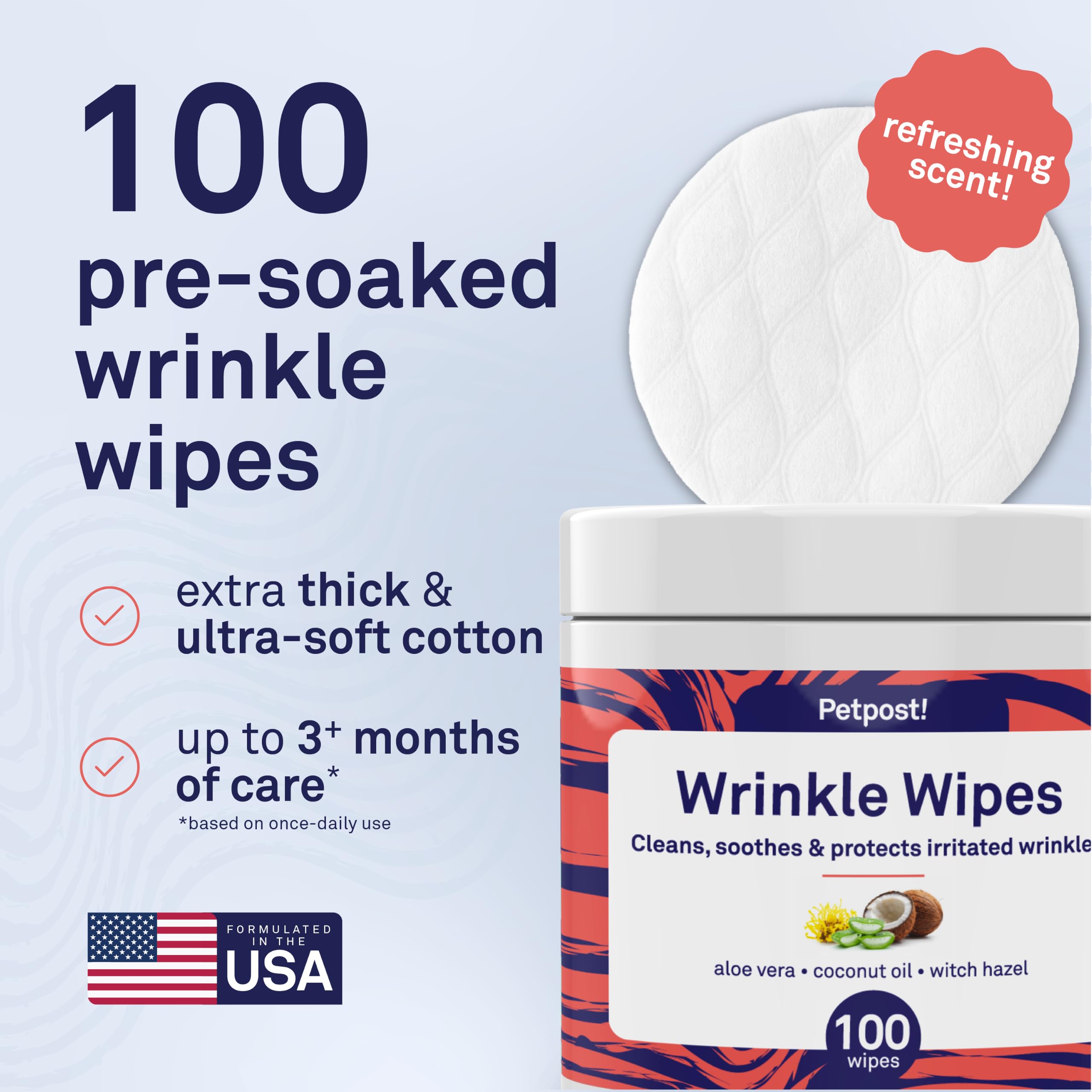 Petpost | Bulldog Wrinkle Wipes for Dogs - Cleans and Soothes Pug Wrinkles and Folds - 100 Ultra Soft Cotton Pads in Coconut Oil Solution