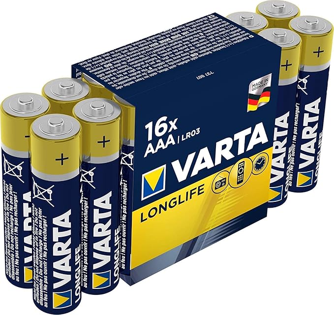 Varta Pila Longlife Power AAA Micro LR03 (paquete de 16 unidades), pila alcalina - «Made in Germany» - Adecuado para juguetes, linternas, mandos y otros aparatos que funcionan con pilas