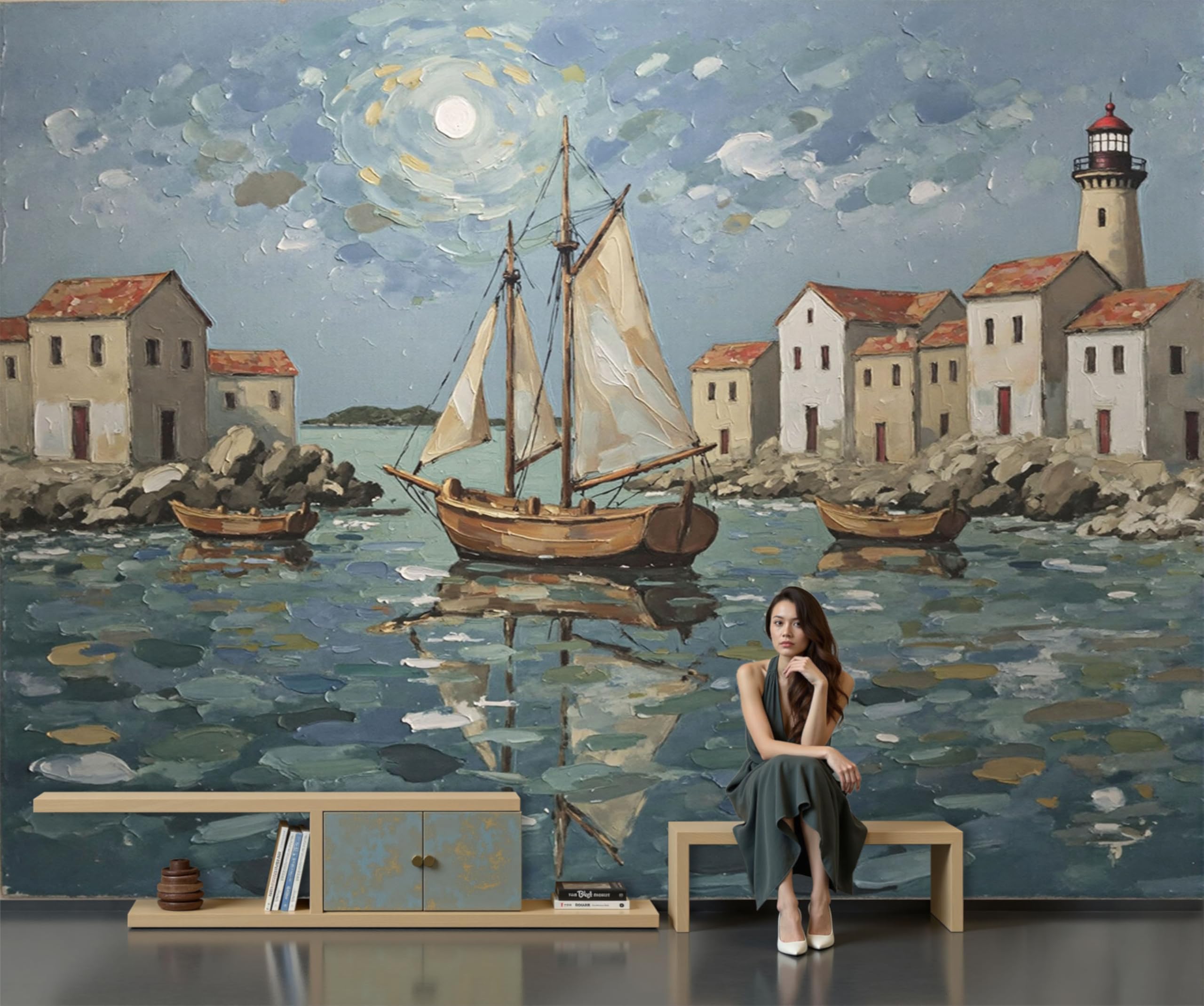 Papier Peint Ville Balnéaire Rétro Panoramique Peintures L'Huile 250x175cm