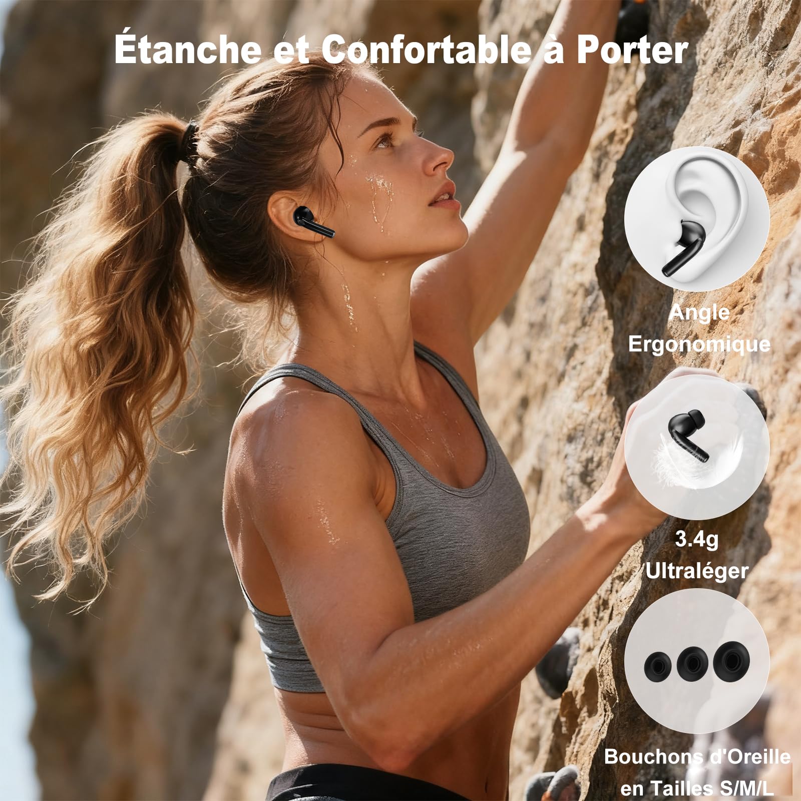 Écouteurs Bluetooth avec écran tactile, écouteurs intra-auriculaires sans fil, Bluetooth 5.4, avec annulation du bruit ANC+ENC, étanchéité IPX7, noir