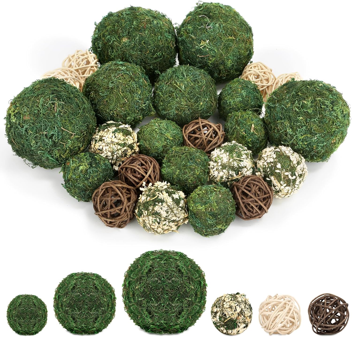 Lezmarket 24 Pcs Decorative Moss Balls for Centerpiece Bowls - Assorted Sizes Fake Moss Balls+Wicker Rattan Balls+Flower Balls, Artificial Greenery Vase Fillers for Home Garden Farmhouse Rustic Decor
