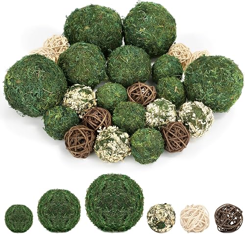 Lezmarket 24 Pcs Decorative Moss Balls for Centerpiece Bowls Assorted Sizes | Fake Moss Balls+Wicker Rattan Balls+Flower Balls, Artificial Greenery Vase Fillers for Home Garden Farmhouse Rustic Decor