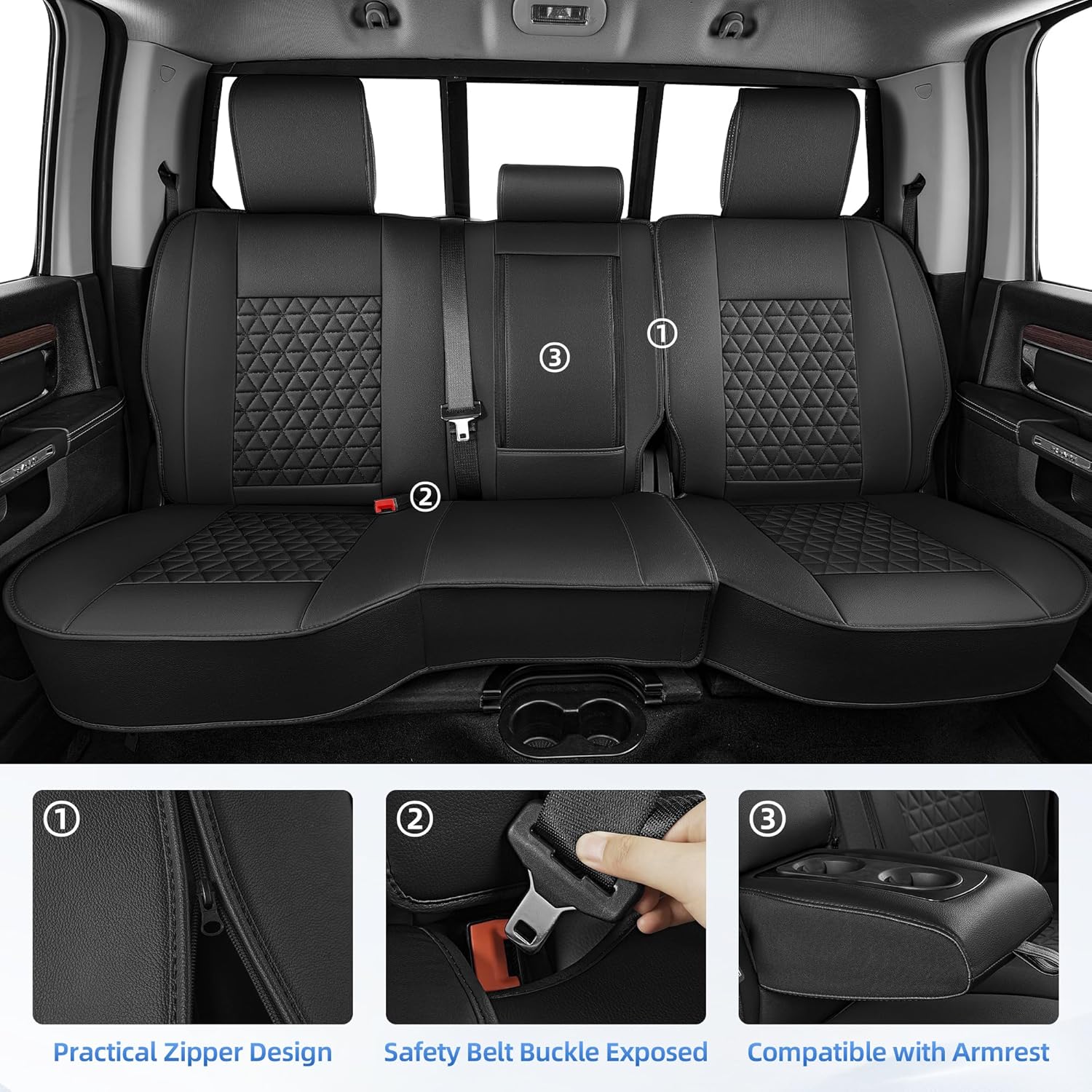 for Dodge Ram 1500 2012-2024 2025 2026 Seat Covers & Ram 2500 3500 2012-2026 Seat Cushion Cover with Waterproof LeatherFull Set(Curved Bench,Black)