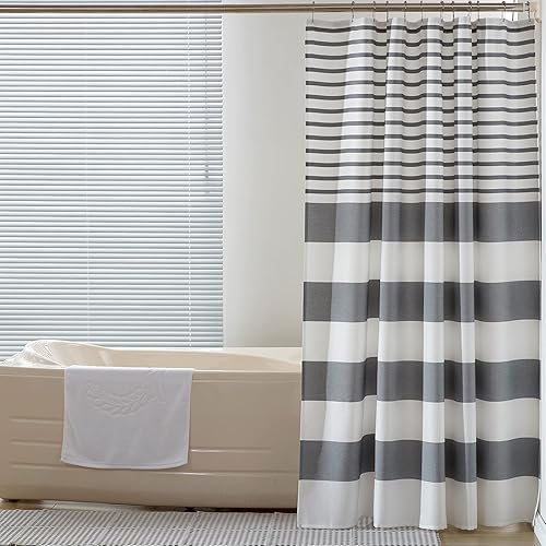 Miniatura 6 de SEMECH Cortinas de ducha grises para baño, cortina de ducha de tela gris y blanco con agujeros para botones, 72 x 72 pulgadas