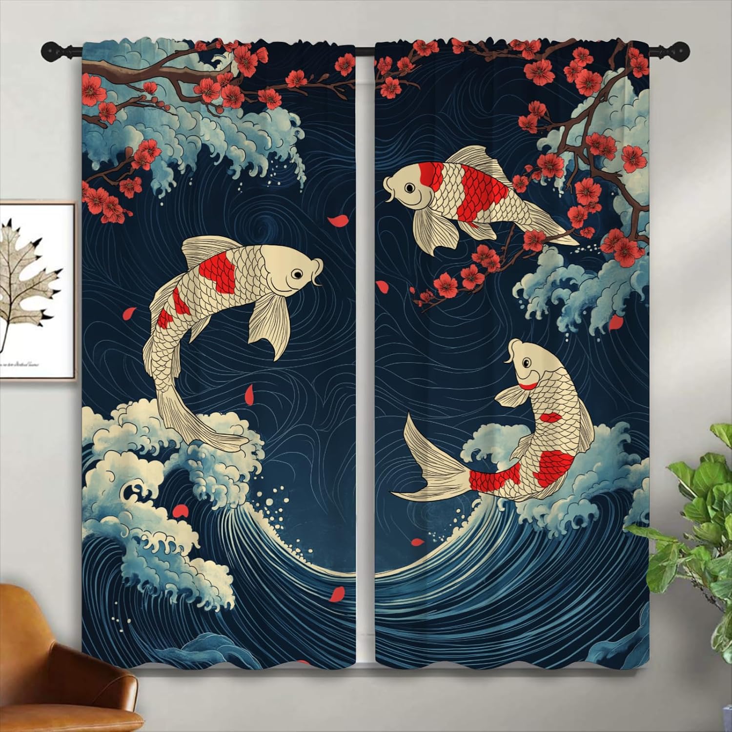 Koi Fish Blackout Curtains for Boys Girl Bedroom Home Decor, Japanese Wave Cherry Blossom Asian Style Thermal Insulated Rod Pocket Darkening Living Room Window Drapes, 42 x 63 inch