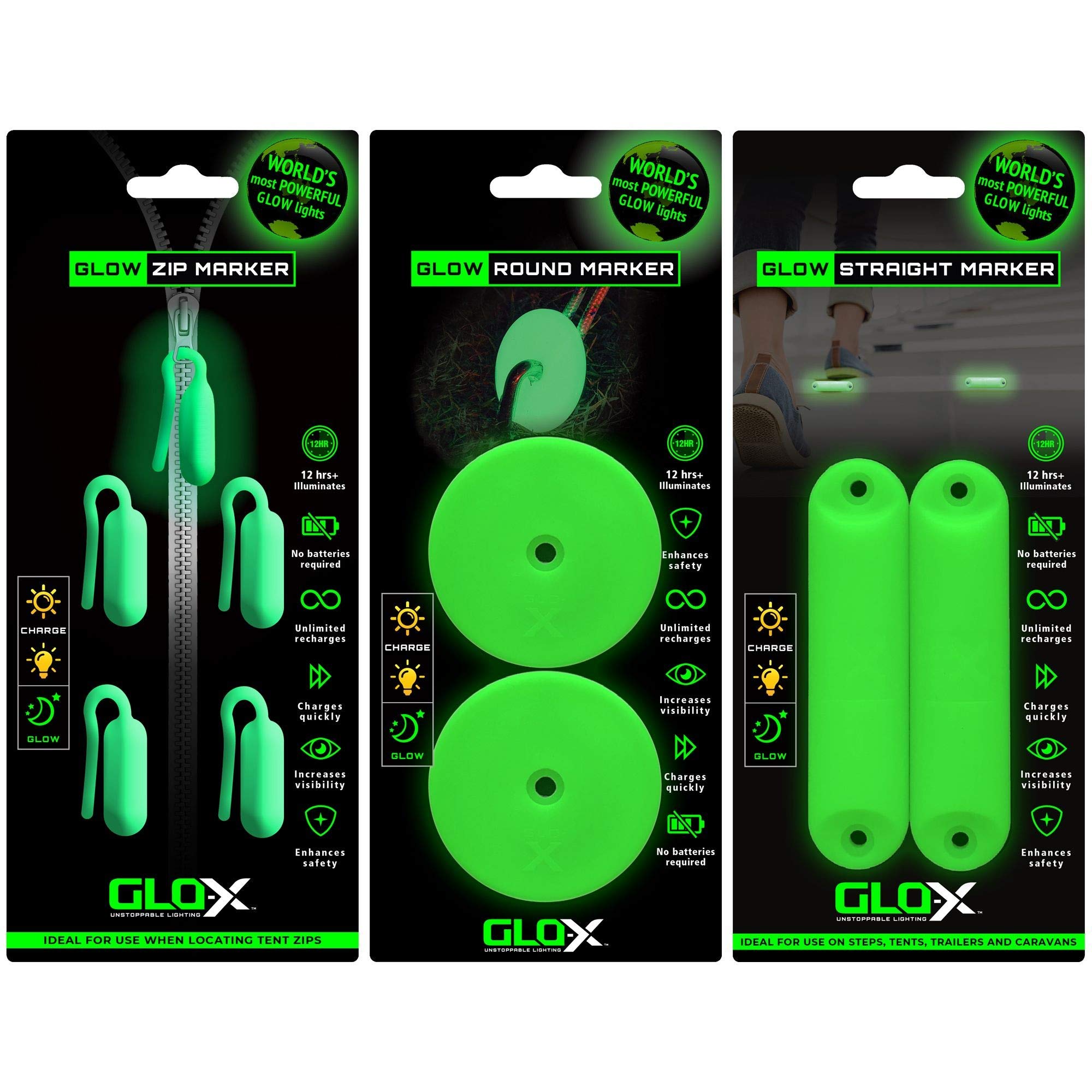 Campers Essentials Pack - Powerful Glow in The Dark Camping Accessories for Tent Campers - Round & Straight Mini Glow Markers - Glow Zipper Pulls - Solar Powered Markers 12+ Hours Illumination