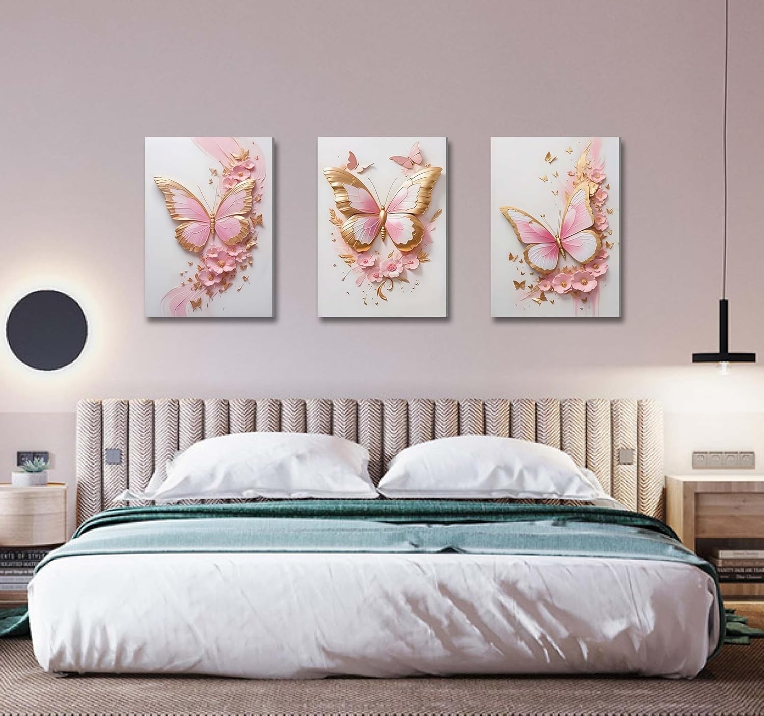ACWOWO 2D Pink Butterfly Floral Wall Art 3-Piece Set Butterfly Poster Painting Pink Gold Floral Canvas Wall Decor for Girls' Bedrooms Bathrooms Offices Dorm Rooms 12 * 16 In （Canvas