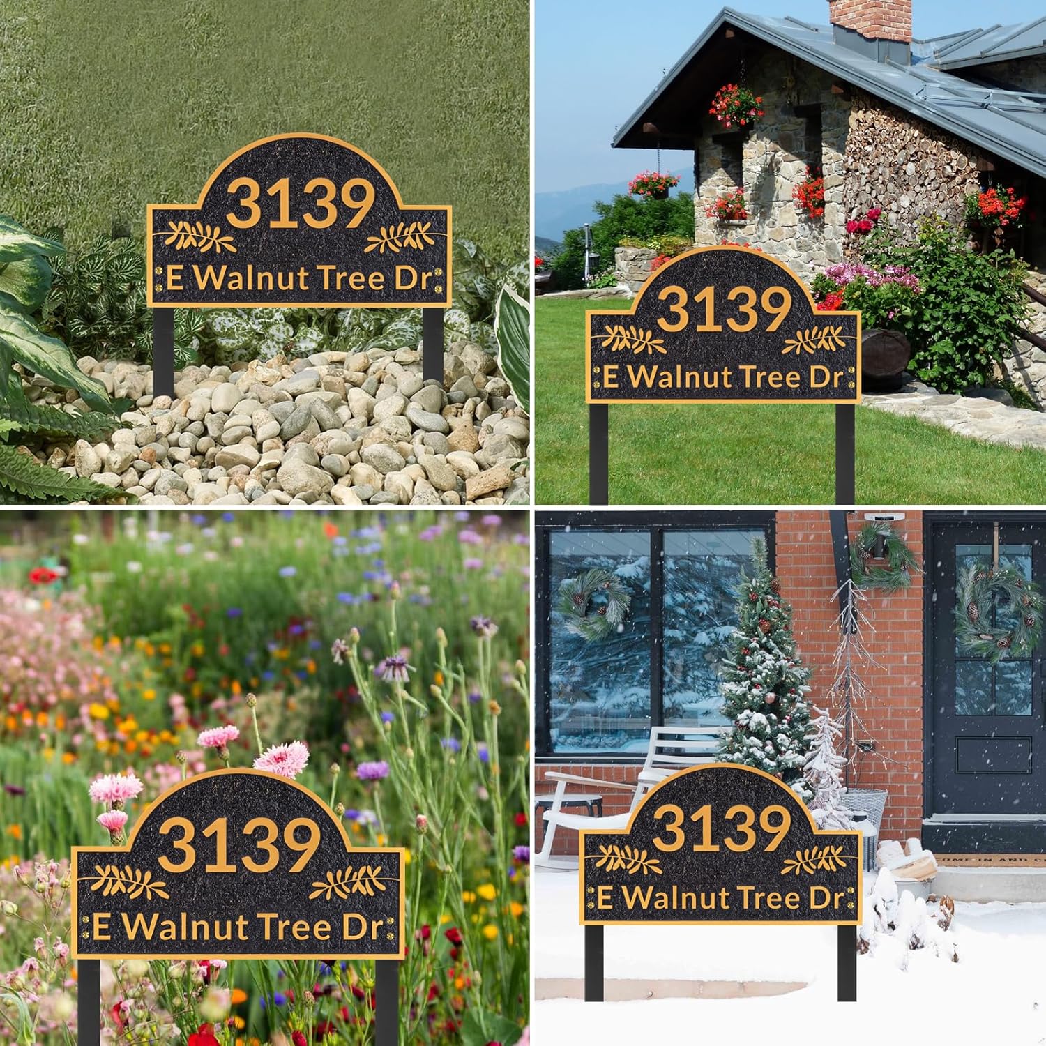 Address Plaques for House - LAWN MOUNTED,Engraved Metal with 2 Stakes Customized House Numbers Sign for Outside Store,Yard,Garage,Apartment, Arch Style(Black/Gold)