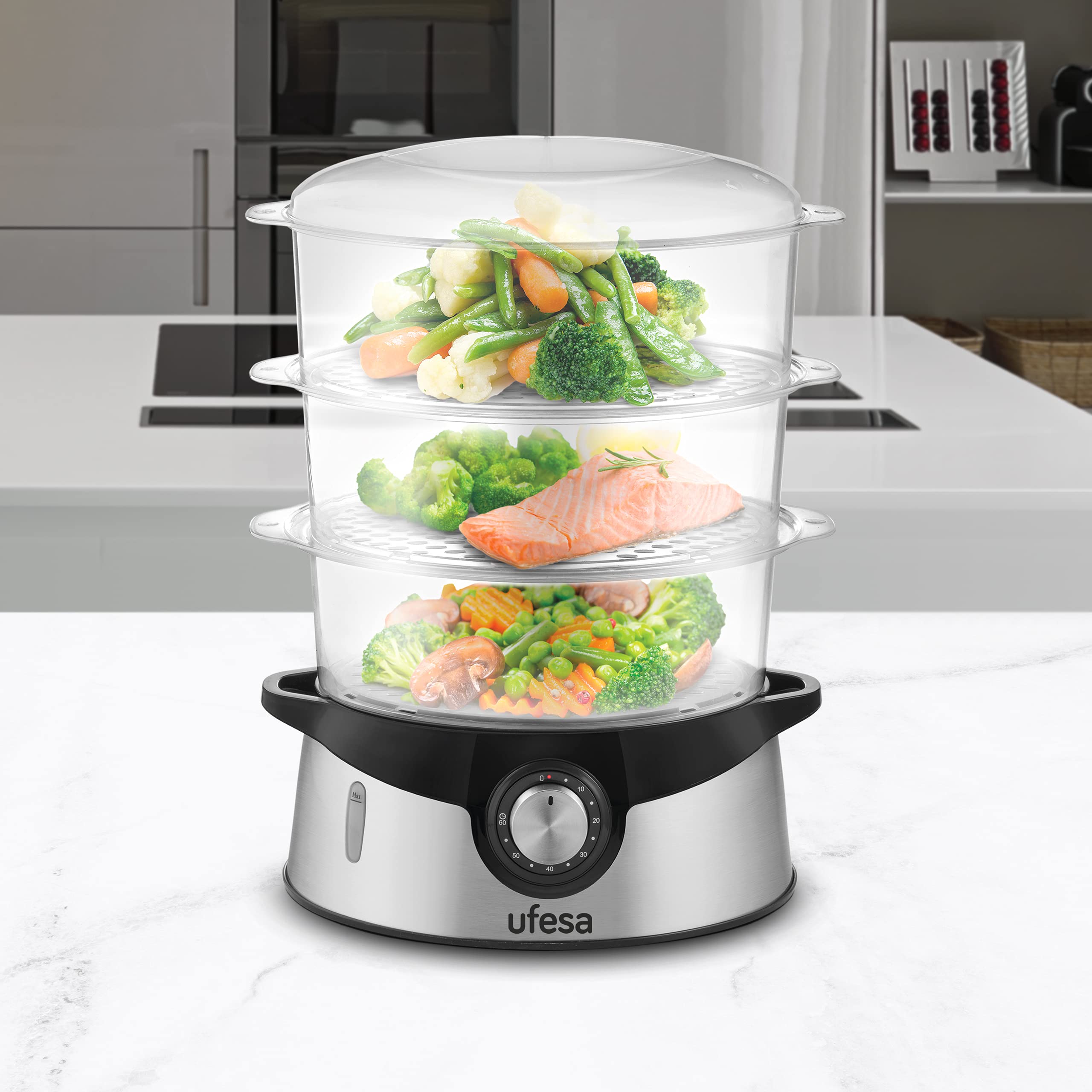 Ufesa CV4000 Vaporera Eléctrica 800W, 3 Bandejas Apilables, Capacidad 9L, Temporizador de 60min, Incluye Cuenco 1L para Arroz, Sin BPA, Inox