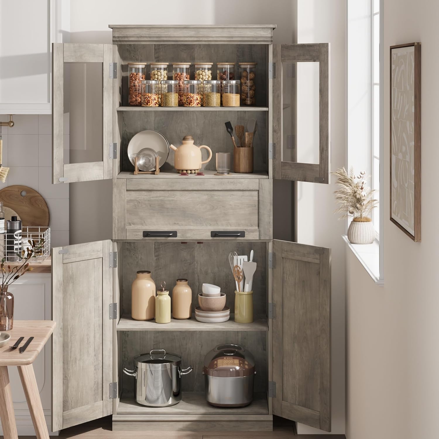 IDEALHOUSE 67" Tall Bathroom Storage Cabinet with Glass Doors, Adjustable Shelves, Drawer, Freestanding Bathroom Modern Cabinet for Bathroom, Dining Room, Living Room (Gray)