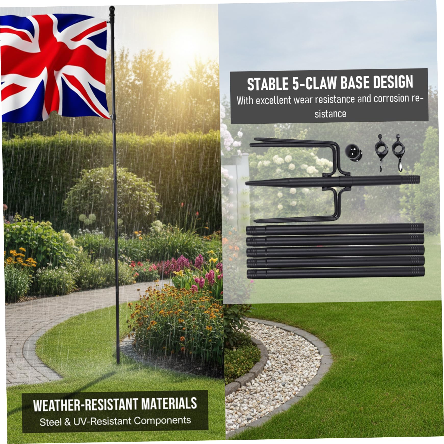 Asta de Bandera telescópica de 10 pies Resistente, Kit de asta de Bandera de jardín con Base de 5 Garras con 6 Secciones de extensión y 3 Accesorios, de de jardín