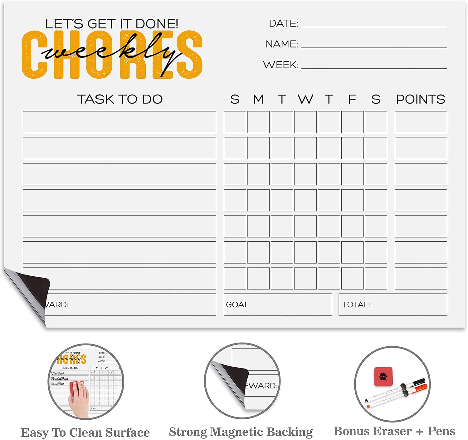 Magnetic Whiteboard Let's Get It Done Weekly Chore Chore Chart for Refrigerator - Dry Erase Behavior Chart for Kids Responsibility Chart with 2 Fine Tip Marker & Eraser