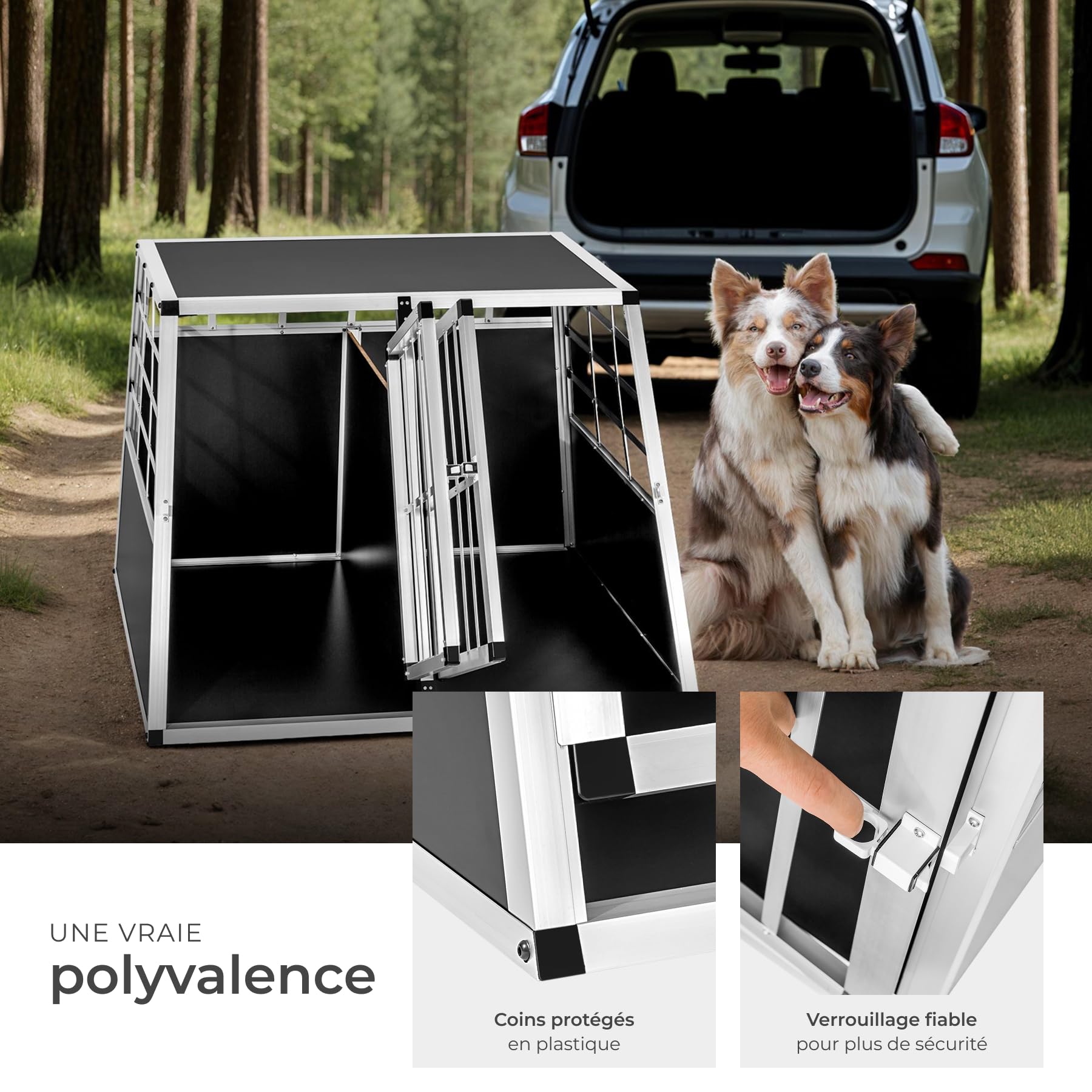 tectake® Caisse de Transport pour Chien légère & Solide Double Cage de Transport Chien pour Transport Chiens Voiture, Maison ou Jardin Cage avec paroi pour Max. 2 Chiens - 97 x 90 x 69,5 cm