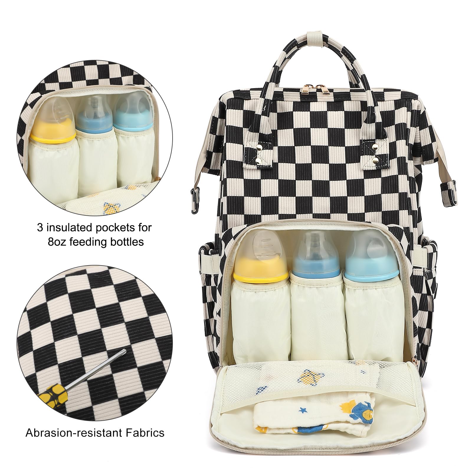 Zaino fasciatoio per mamma, grande capacità, da viaggio, per bambini e bambine, con cinghie per passeggino, velluto a coste, a quadretti, nero, L, Casual