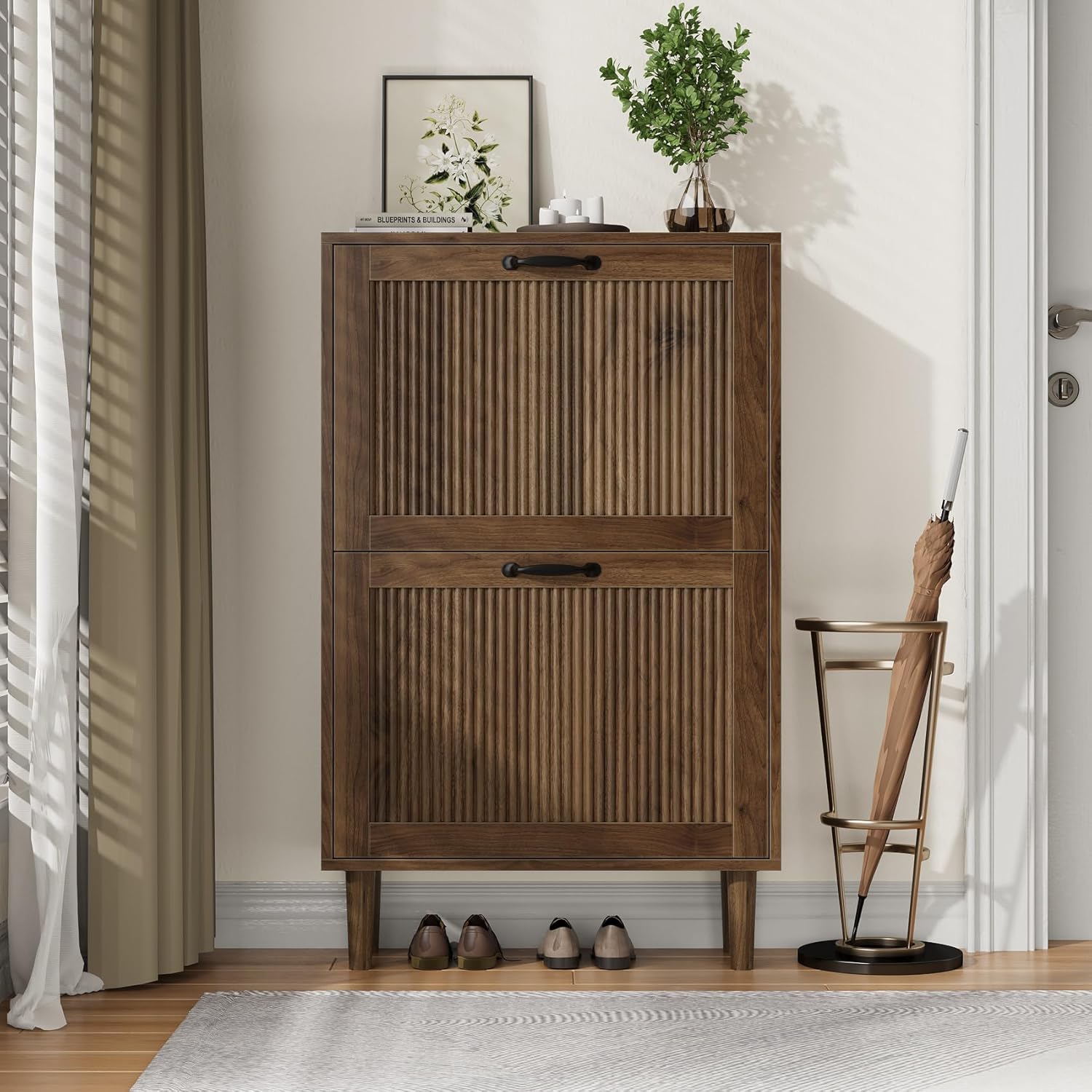 Kiasthome 2 Tier Entryway Shoe Storage Cabinet Closed Space Saving Hidden Shoe Organizer with Ribbed Doors Freestanding for Hallway Bedroom Walnut Finish (Walnut, 24.4")