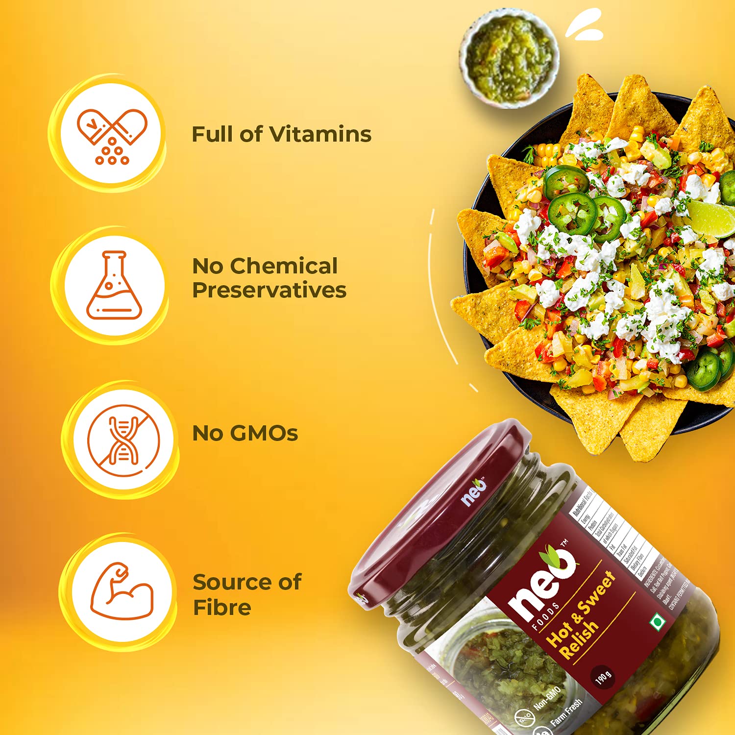 Neo Hot & Sweet Relish 340g I P4 I 100% Plant BasedI Ready-to-Eat Fibre-Rich I Dip for Snacks, Mix in Salads I Use as Sandwich Spread, Chutney I Healthy Food (Pack of 4) 3