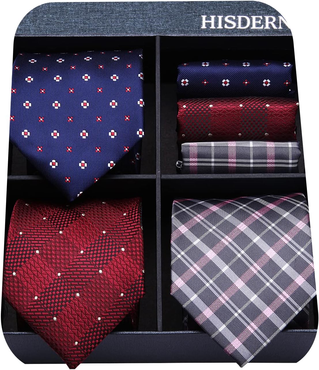 HISDERN Mens Ties Set Collection Tie and Pocket Square Lot 3 Pcs Formal Business Neckties present Box Wedding Necktie