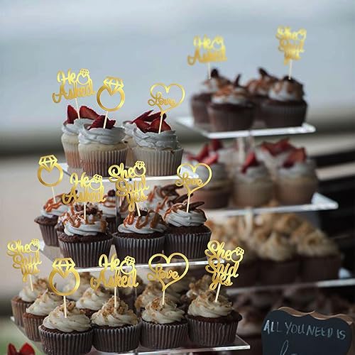 Miniatura 7 de Gyufise Paquete de 24 anillos de diamantes con purpurina dorada clara con la frase "He Asked She Said Yes" para decoración de tartas de boda,