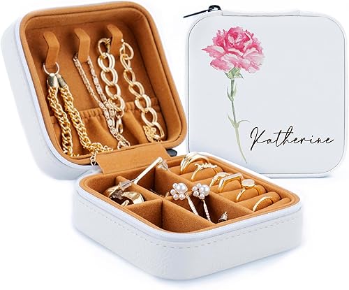 Joyero de cuero personalizado con mes y nombre de flores de nacimiento coloridas, color blanco, estuche de viaje de joyería personalizado para