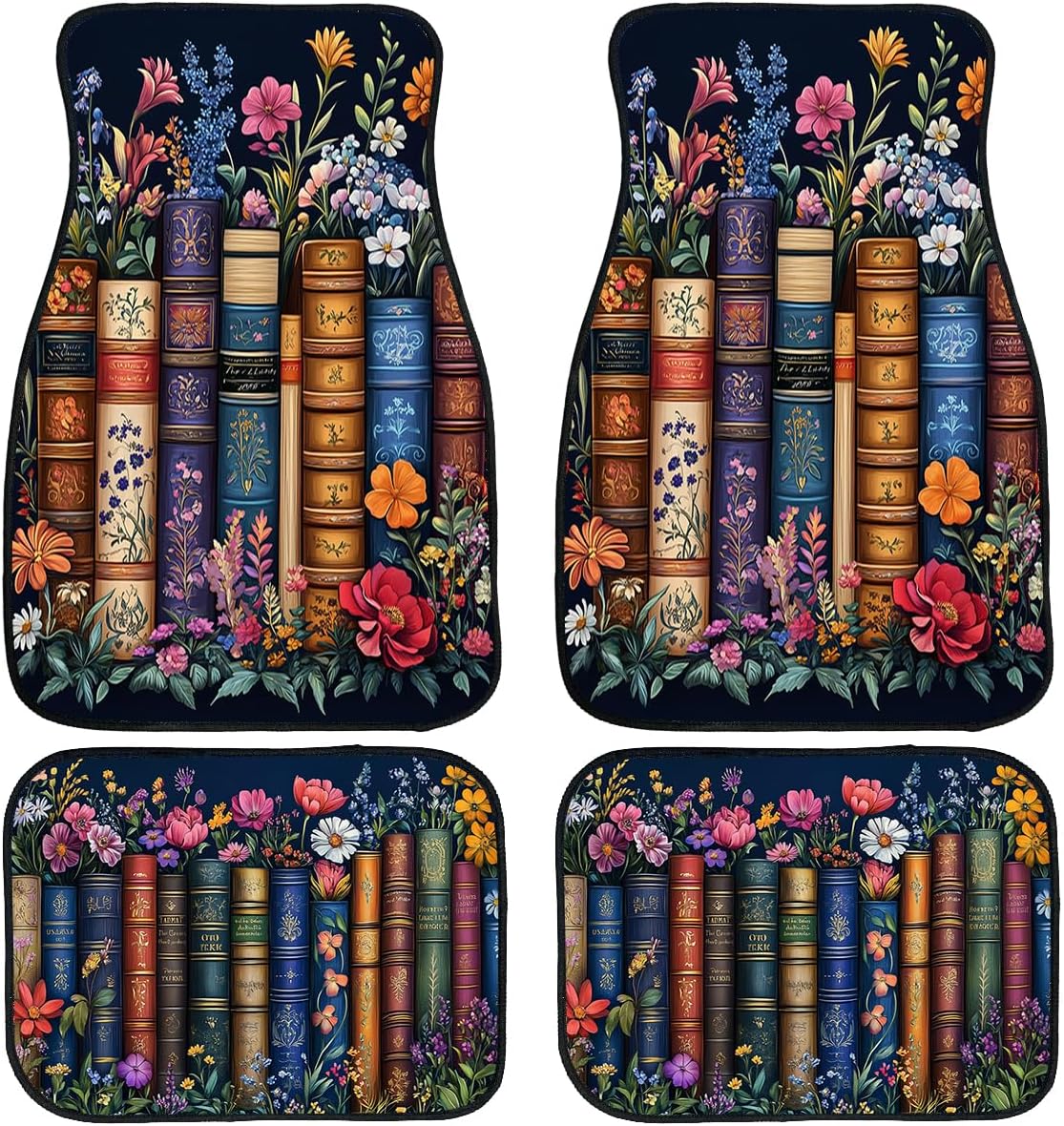 Bookshelf Car Floor Mats Educational Bookcase Watercolor Flowers Carpet Front Rear Carpets Mat Decorative Car Floor Carpets Non-Slip Auto Car Accessories Universal Fit Car Accessories for Truck