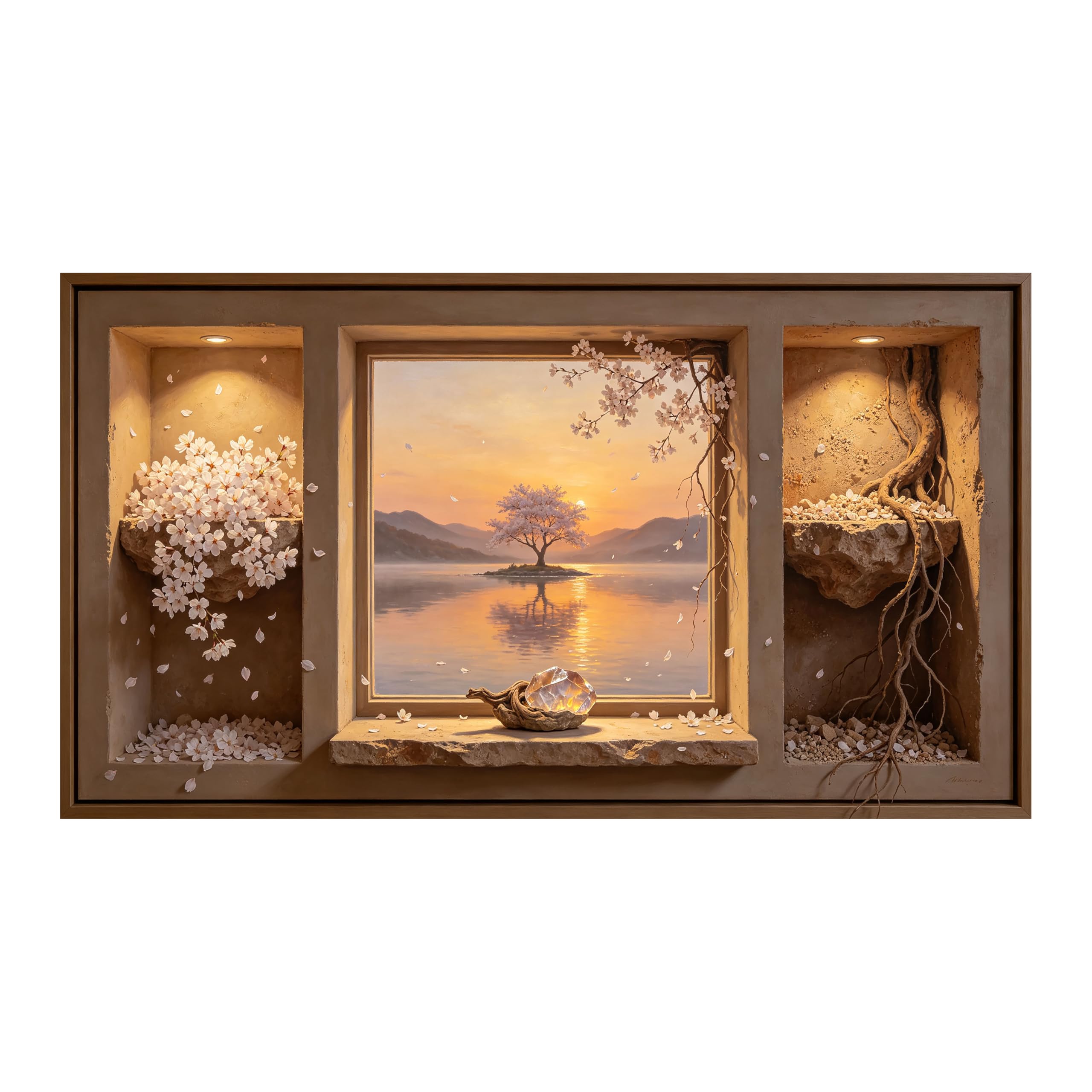 Yzpallescene Art260711228 3D Framed Wall Art Cherry Blossom Lake Sunset Window View Large Size Selfadhesive Removable Wall Decor Prints Artwork For Living Room Bedroom Office